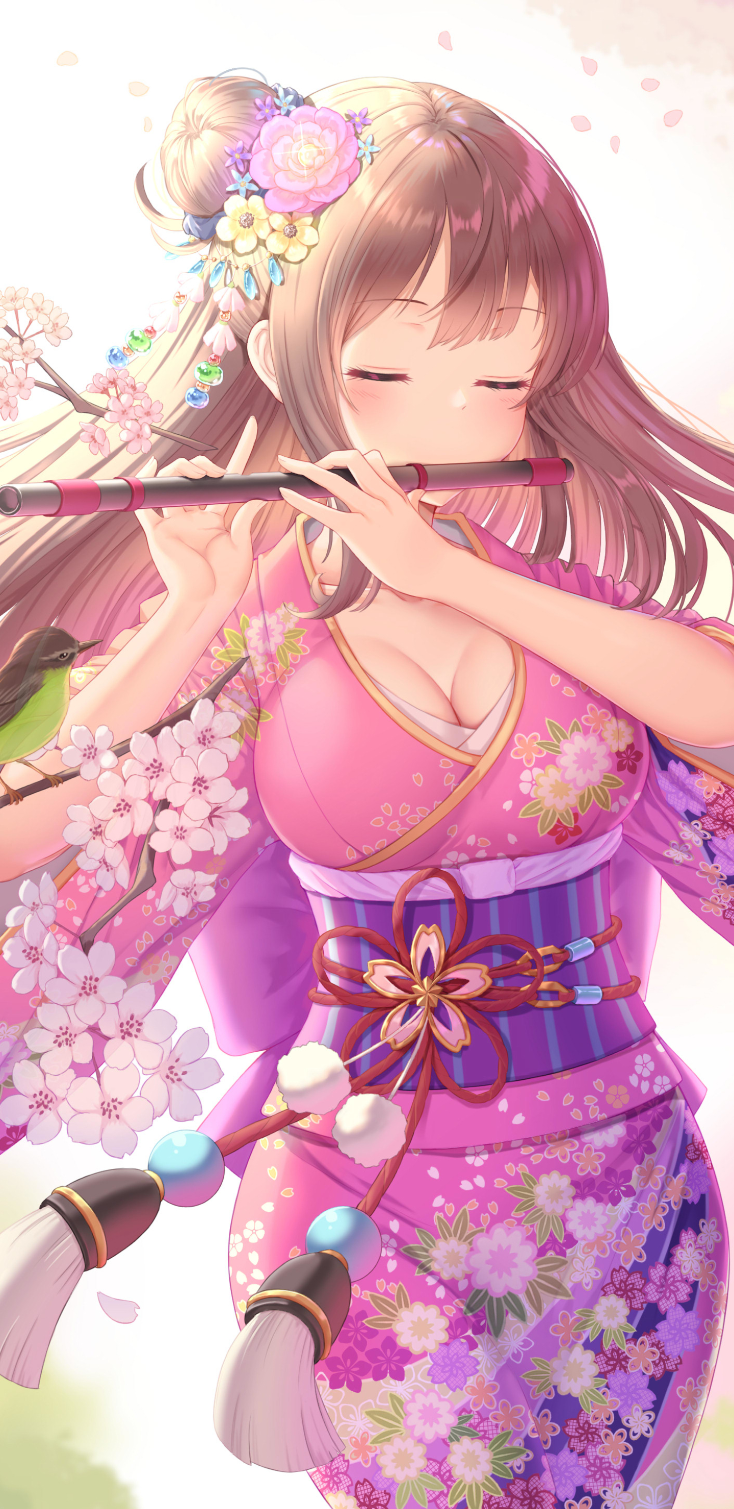 Download mobile wallpaper Anime, Girl, Kimono, Long Hair, Brown Hair, Flute for free.