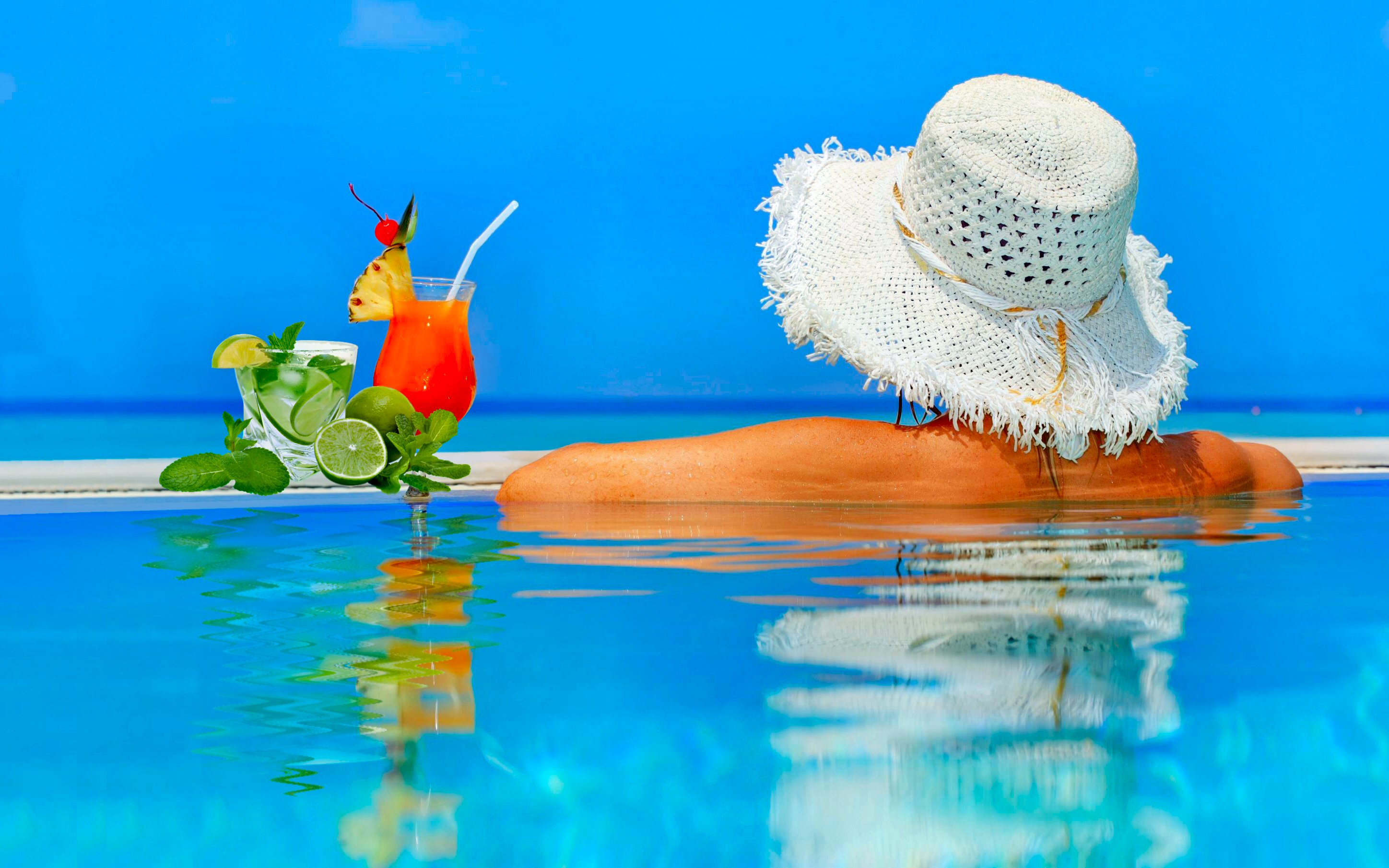 summer, women, beautiful, cocktail, hat, mojito, pool, reflection