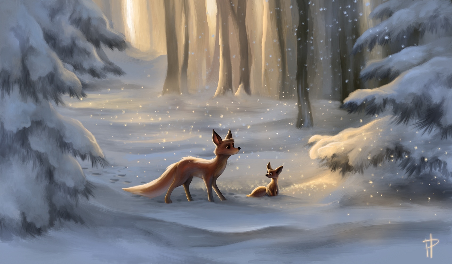PCデスクトップに冬, 木, ファンタジー, 雪, 森, 狐, ファンタジー動物画像を無料でダウンロード