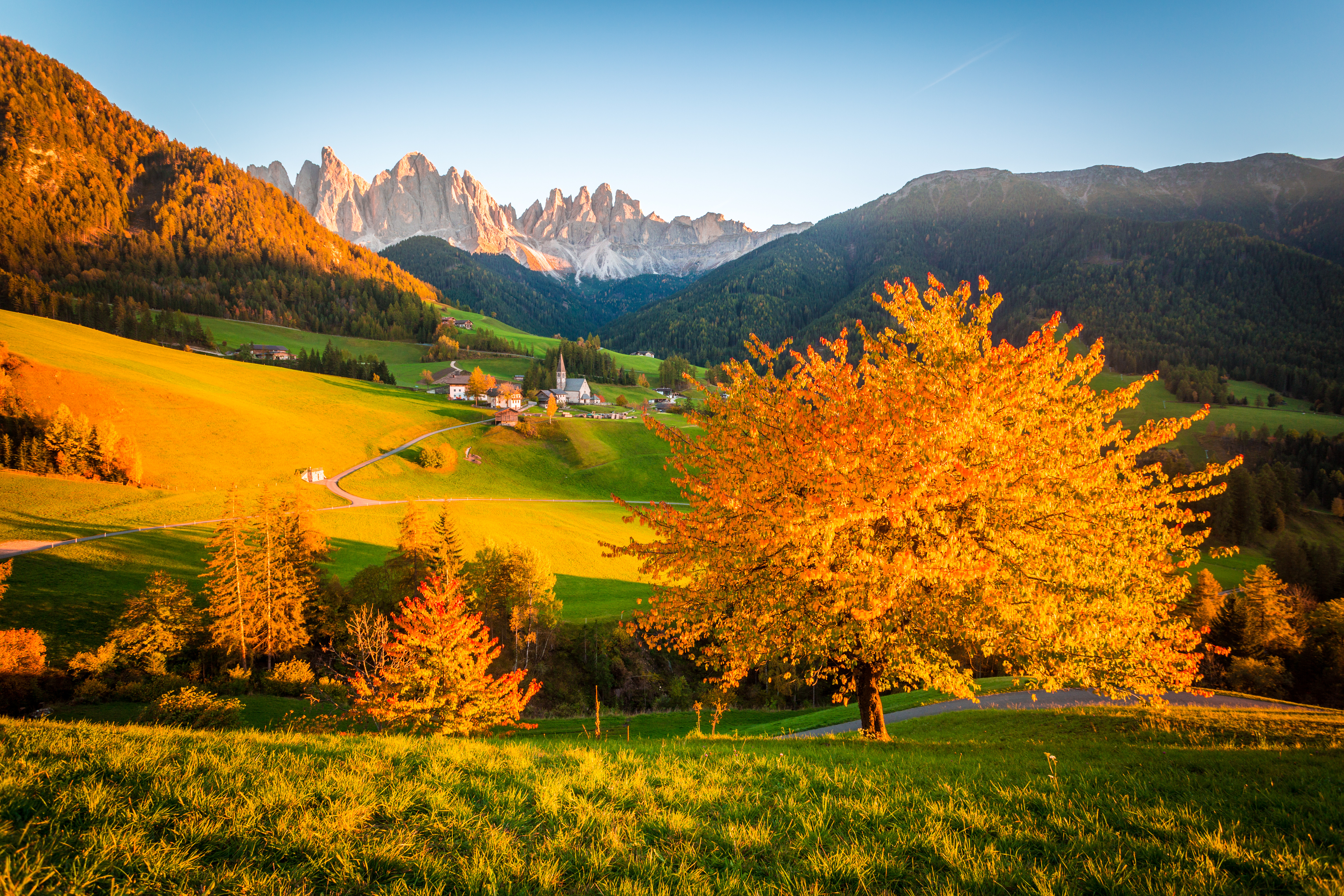 Handy-Wallpaper Landschaft, Herbst, Baum, Dorf, Gebirge, Menschengemacht kostenlos herunterladen.