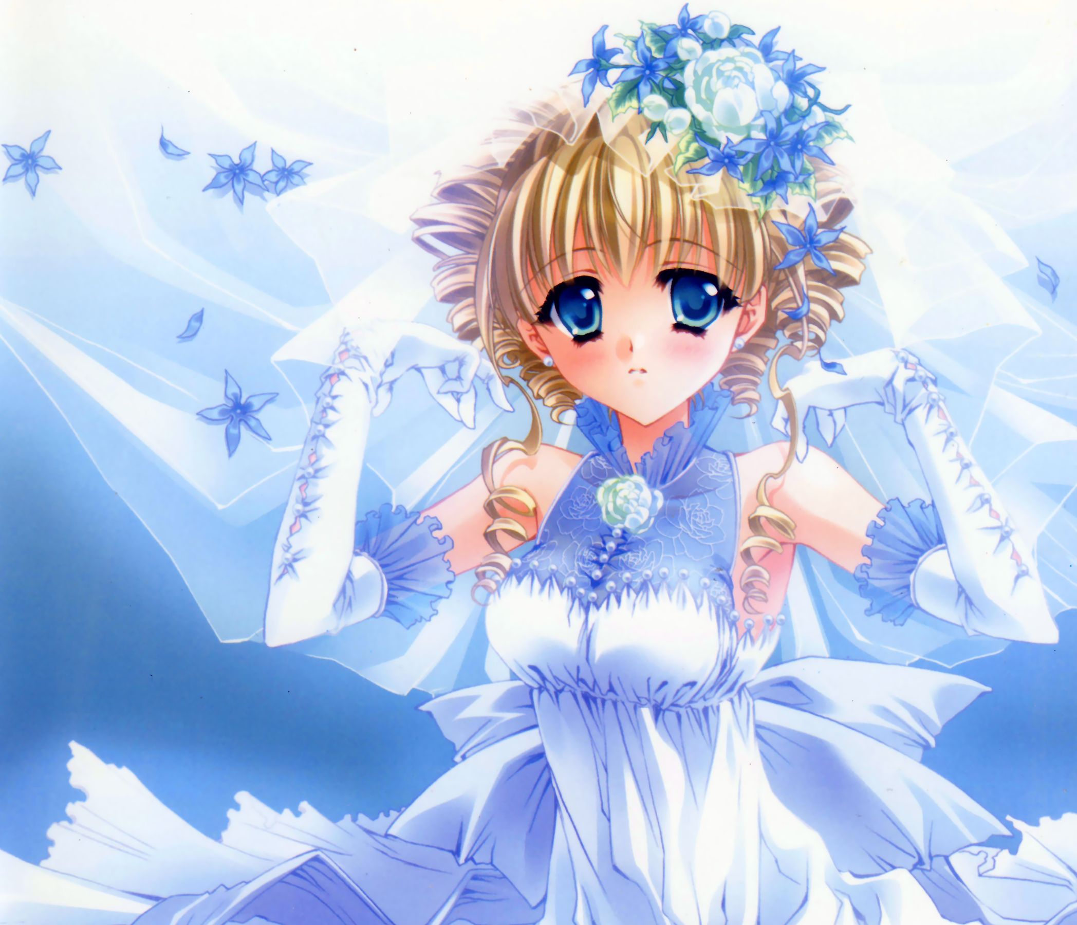 Download mobile wallpaper Anime, Flower, Blonde, Glove, Blue Eyes, Original, Blush, Wedding Dress, Short Hair for free.