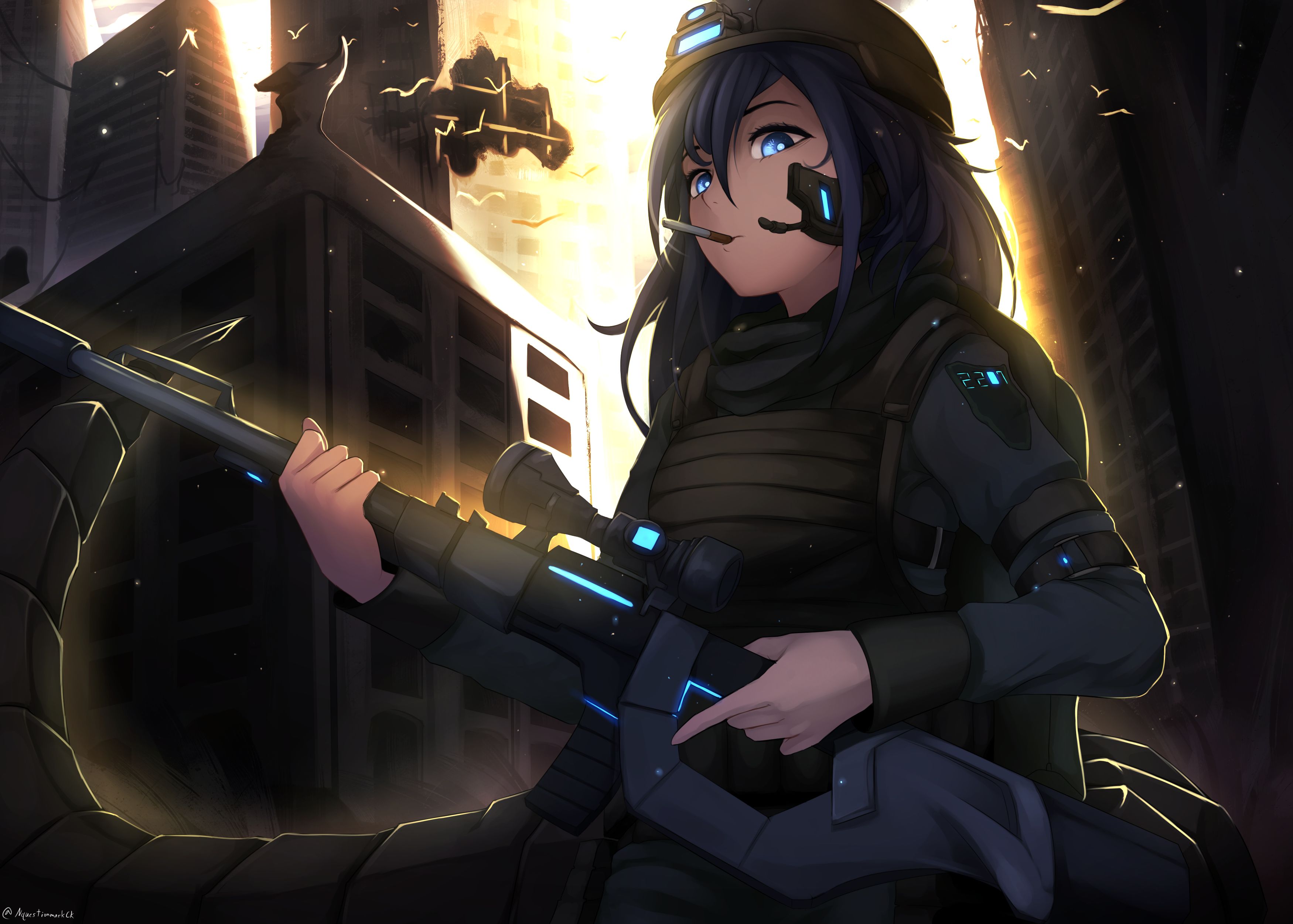 Download mobile wallpaper Anime, Blue Eyes, Original, Sniper, Black Hair, Rifle for free.