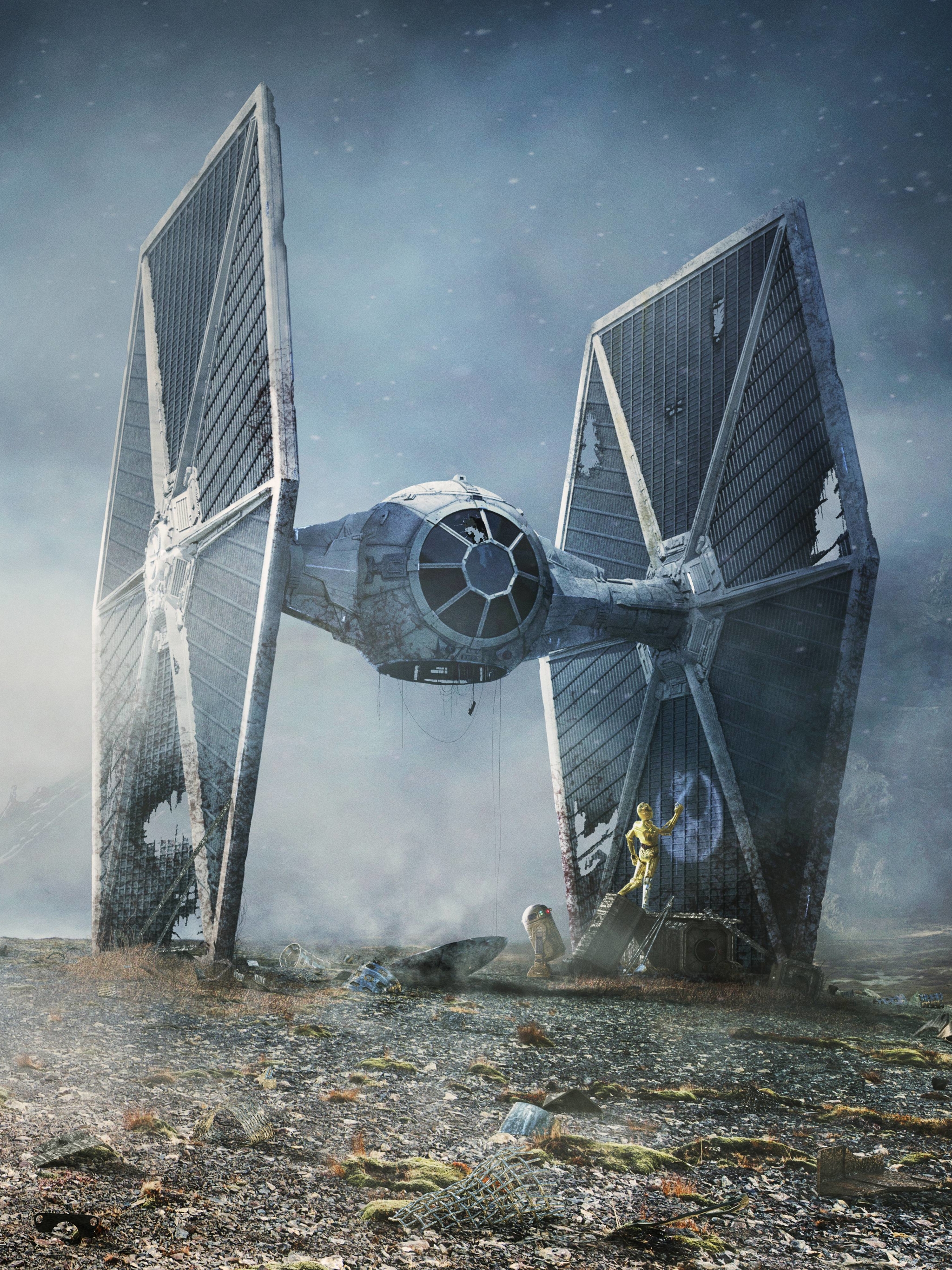 Download mobile wallpaper Star Wars, Sci Fi, R2 D2, C 3Po, Tie Fighter for free.
