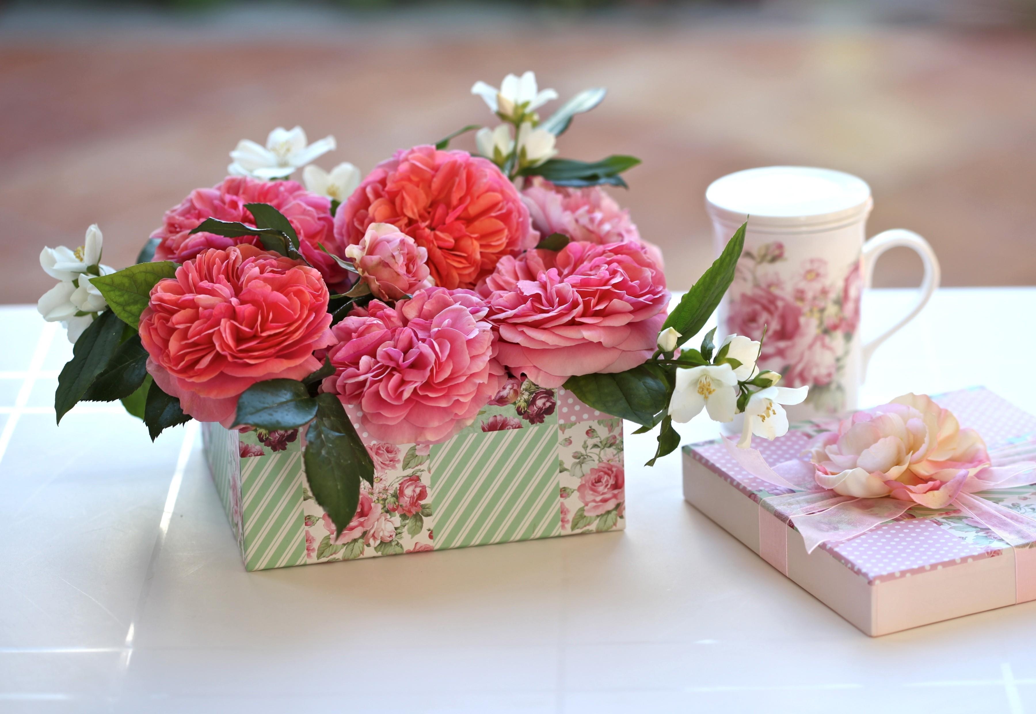 130138 скачать обои цветы, чашка, розы, подарок, бутоны, сюрприз, коробочка - заставки и картинки бесплатно