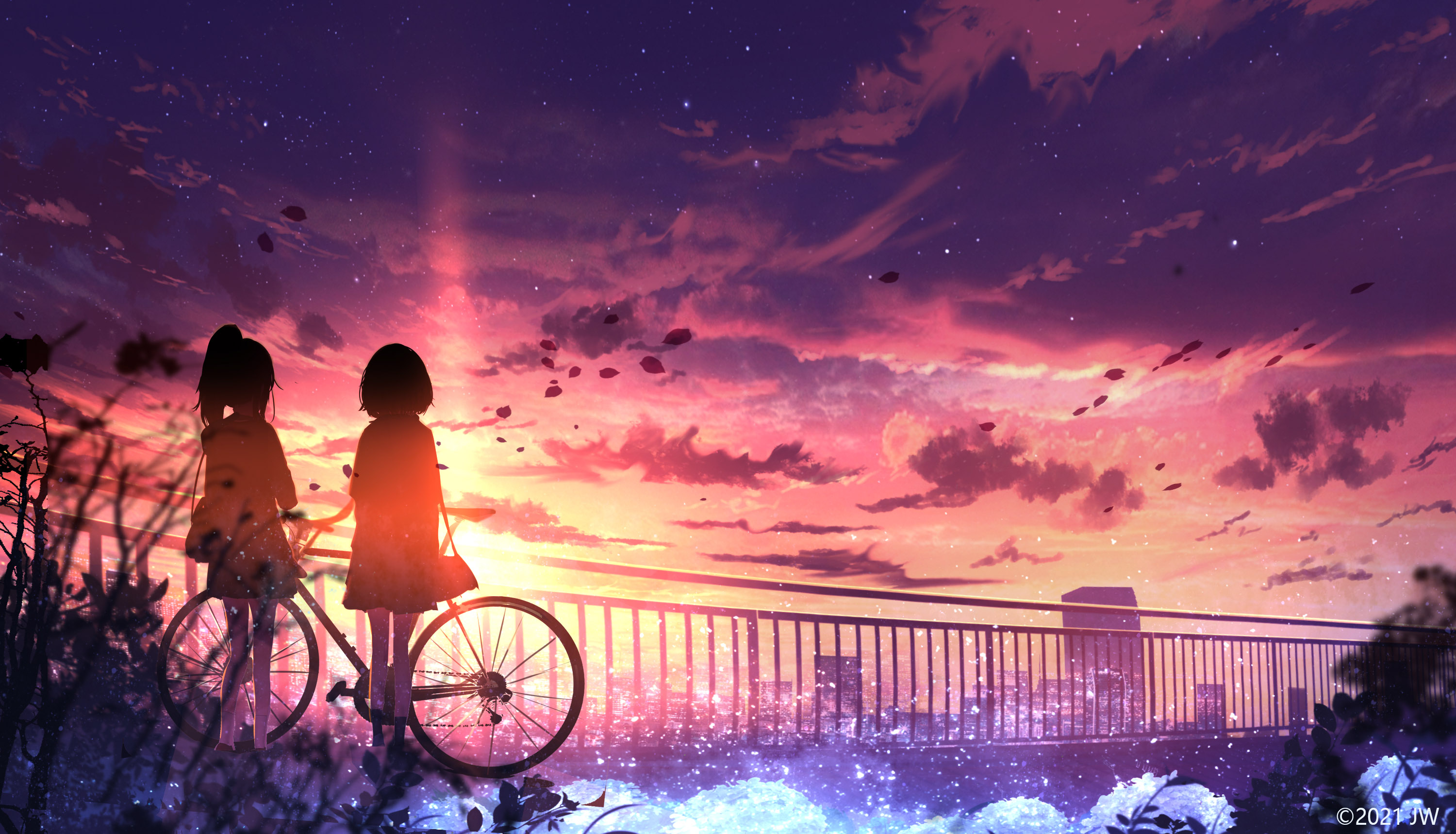 Handy-Wallpaper Mädchen, Fahrrad, Himmel, Sonnenuntergang, Animes kostenlos herunterladen.