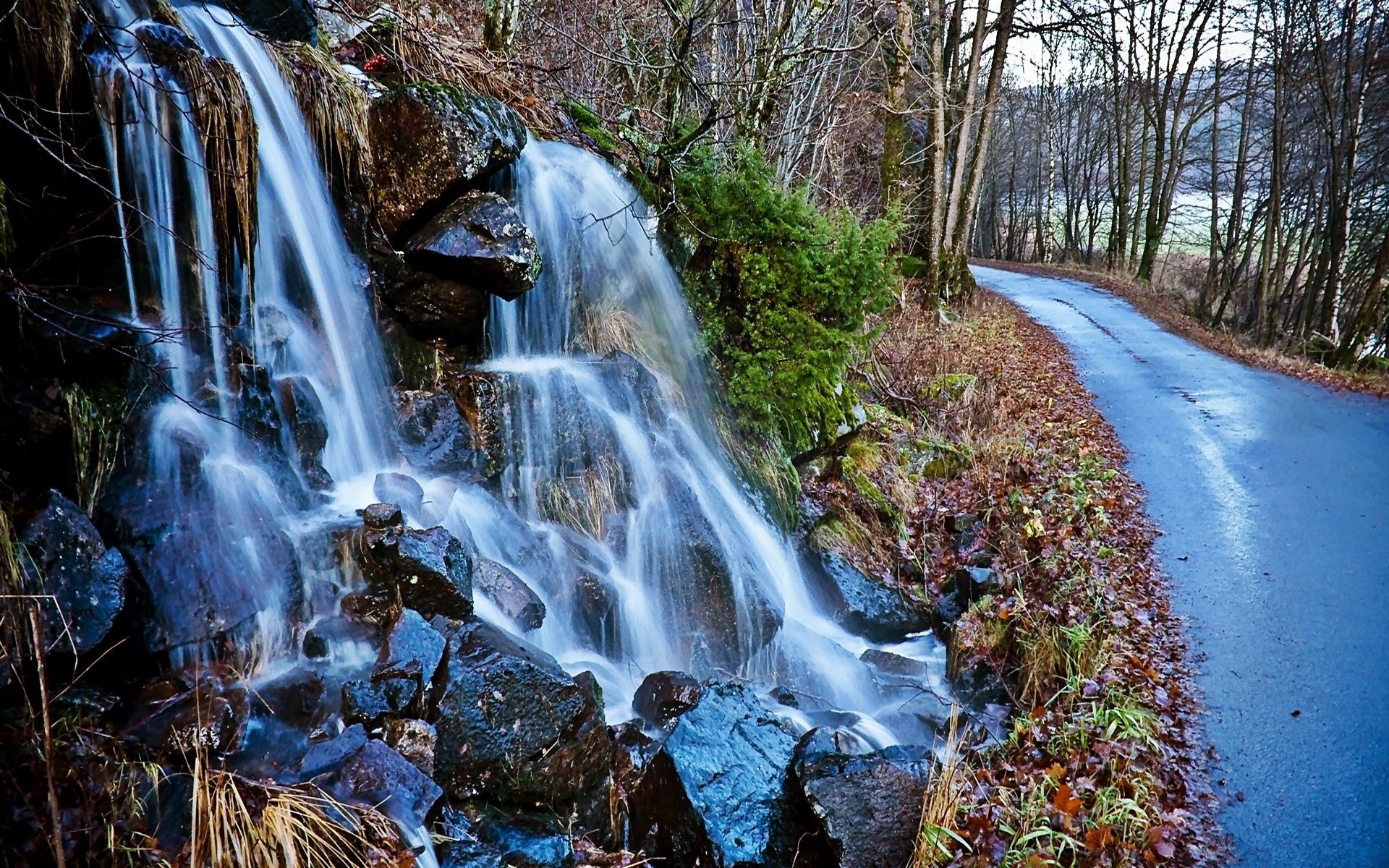 Download mobile wallpaper Trees, Waterfall, Road, Asphalt, Nature for free.