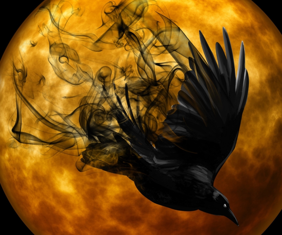 Download mobile wallpaper Halloween, Moon, Bird, Holiday, Raven, Orange (Color) for free.