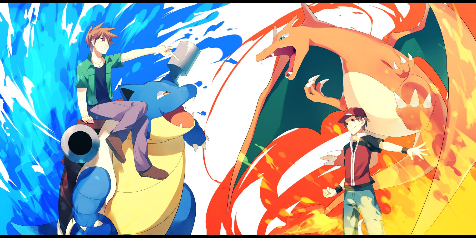 anime, pokémon, blastoise (pokémon), blue (pokémon), charizard (pokémon), red (pokémon)