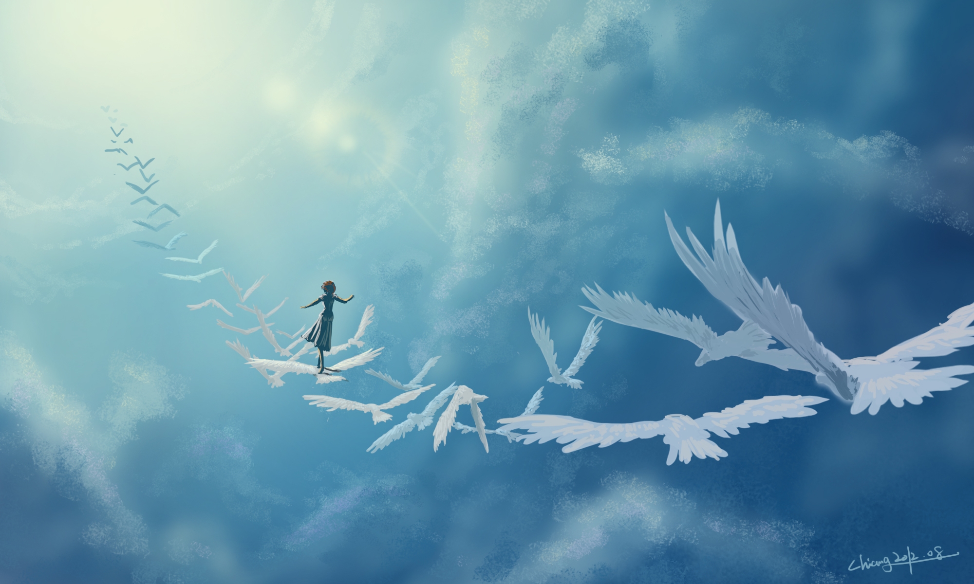 fantasy, birds, art, clouds, girl, in the sky 4K for PC
