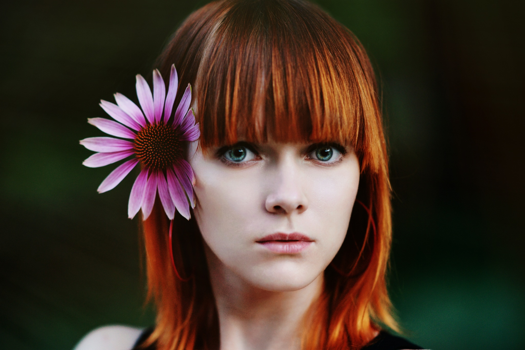 Download mobile wallpaper Flower, Redhead, Model, Women, Green Eyes for free.