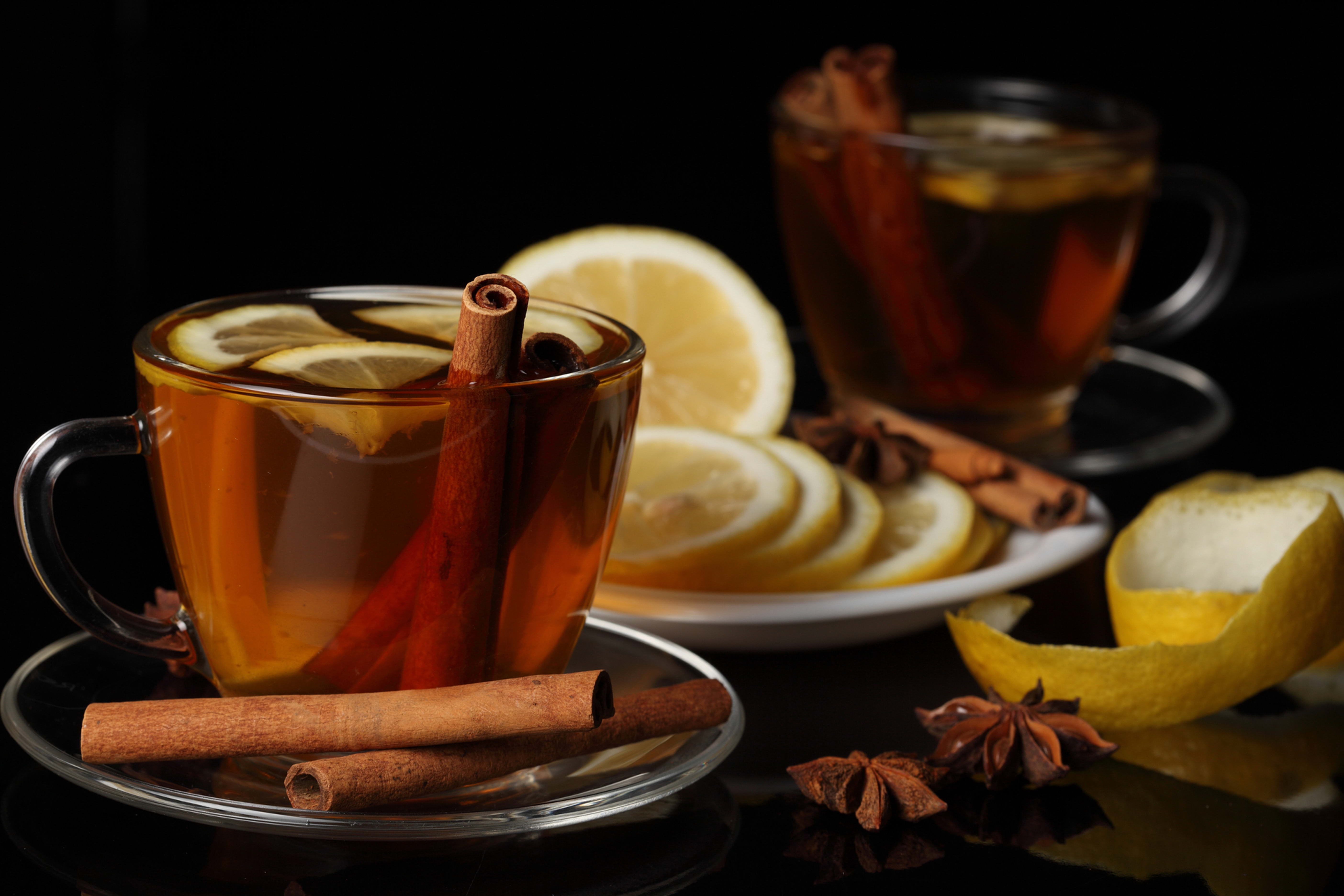 Free download wallpaper Food, Cinnamon, Lemon, Cup, Tea, Black Background on your PC desktop