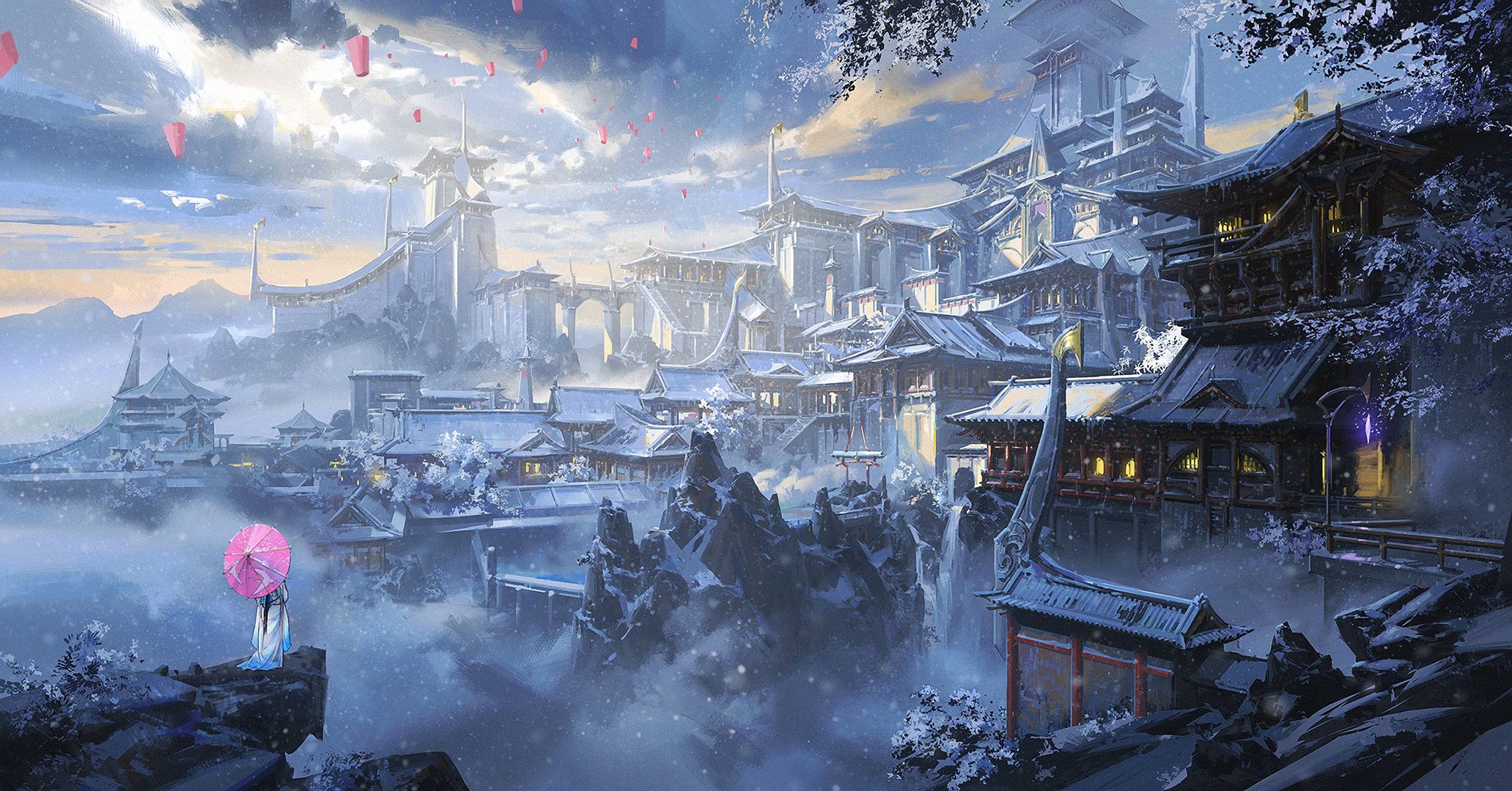 Download mobile wallpaper Fantasy, Snow, City, Building for free.