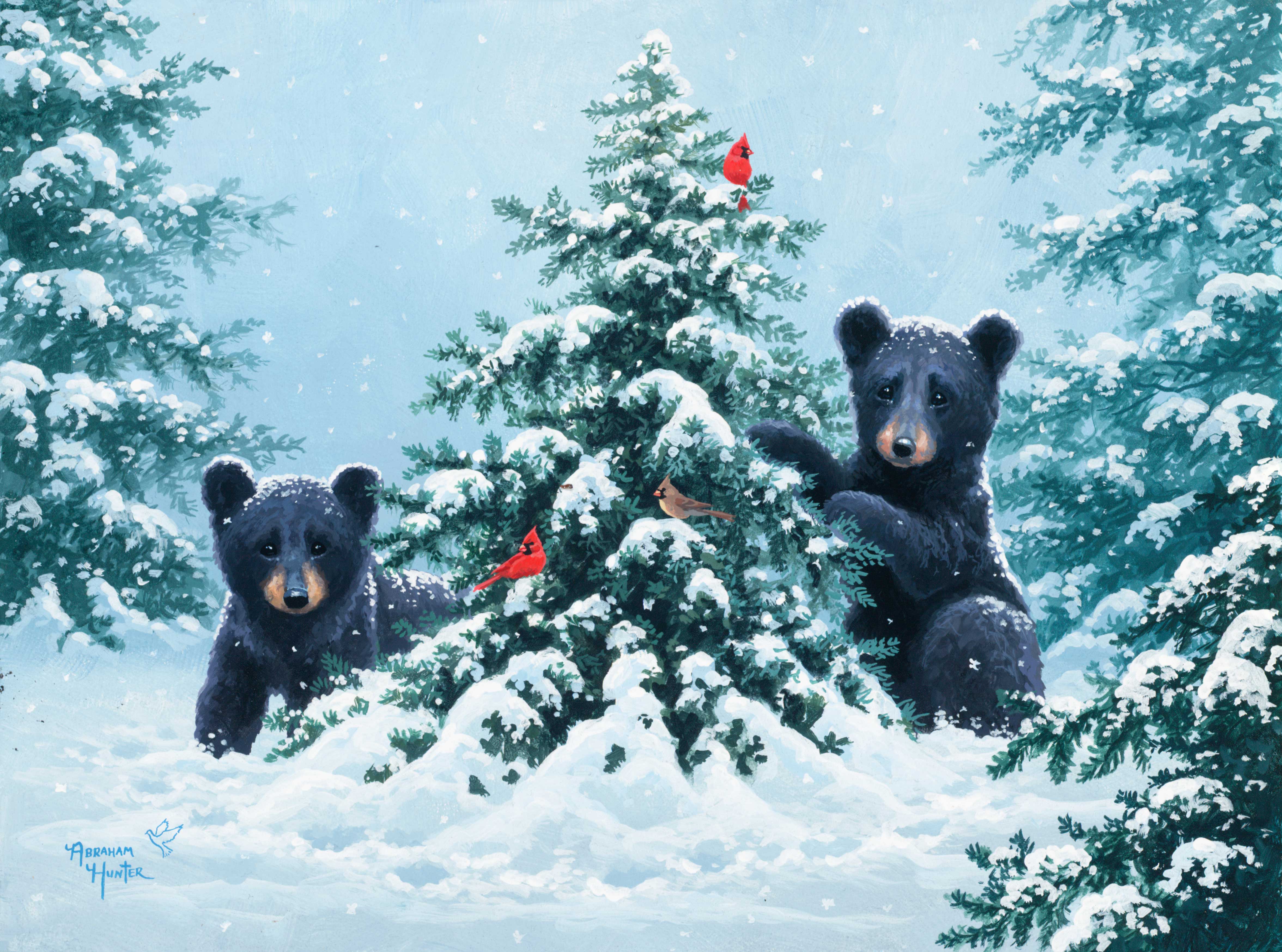 Free download wallpaper Bird, Tree, Bear, Painting, Artistic on your PC desktop