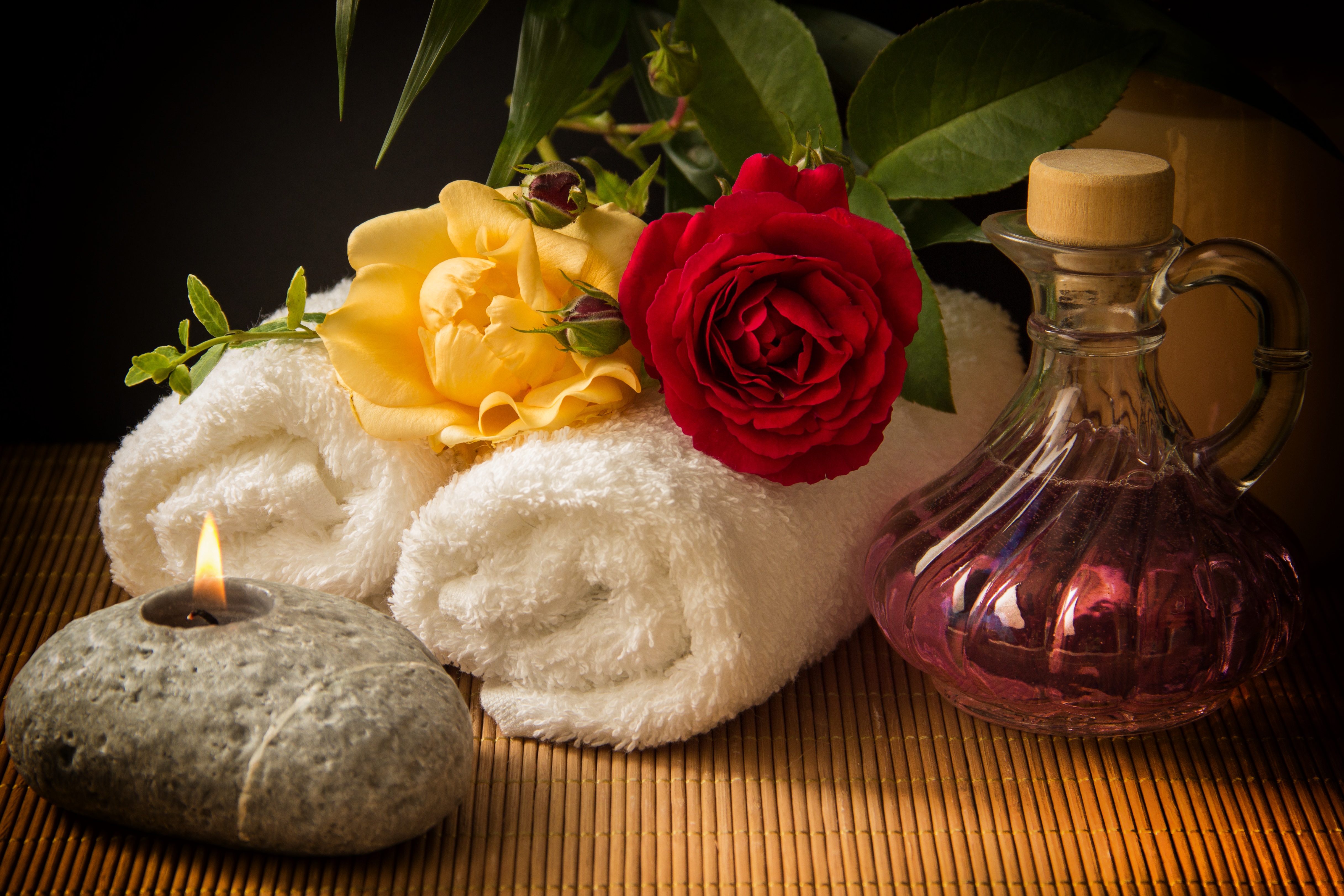 flower, man made, spa, candle, red rose, rose, still life, towel