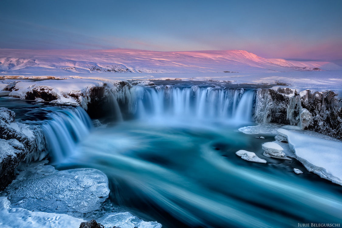 Download mobile wallpaper Snow, Waterfall, Earth, Iceland, Goðafoss for free.