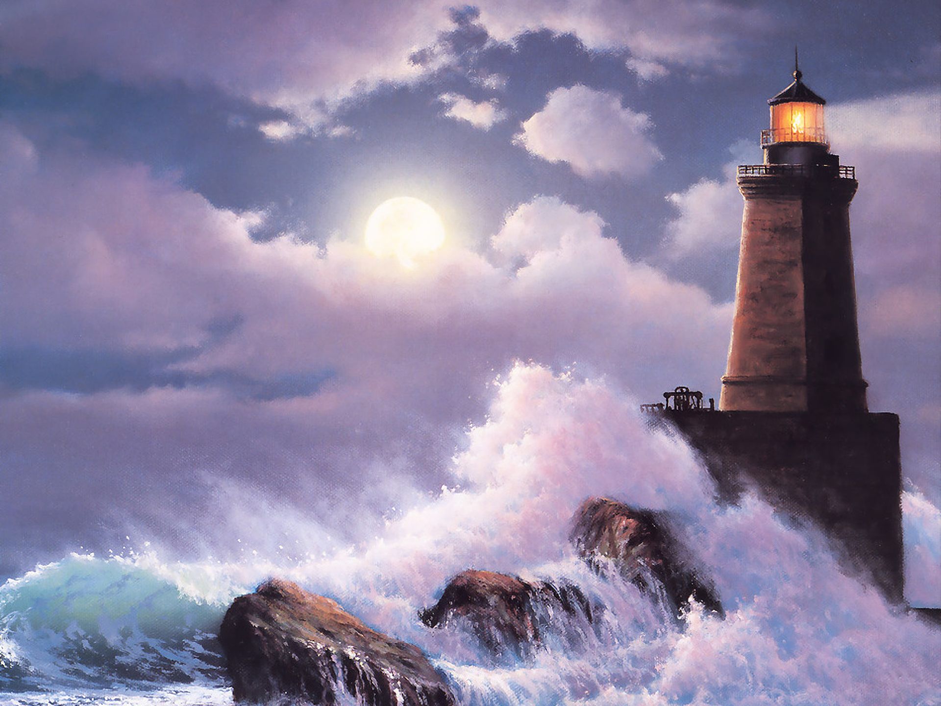 Free download wallpaper Lighthouse, Painting, Storm, Artistic, Wave on your PC desktop