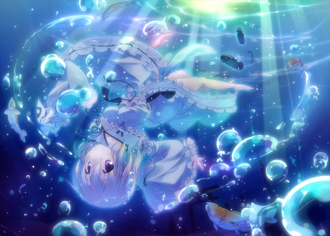 anime, touhou, bubble, sunlight, water, yuyuko saigyouji