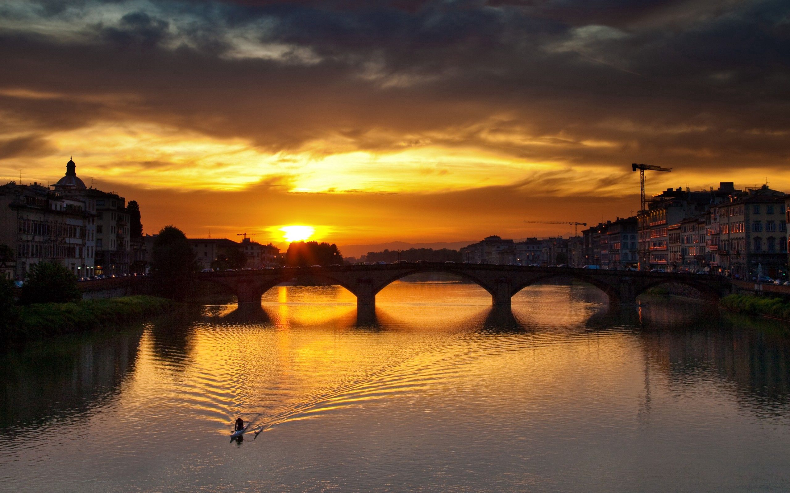 cities, rivers, sunset, architecture, old, bridge, ancient, florence