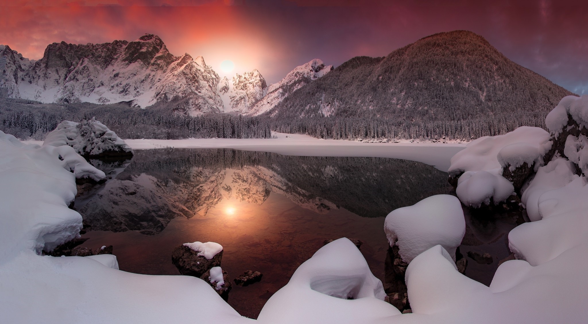 Descarga gratis la imagen Invierno, Naturaleza, Nieve, Amanecer, Montaña, Lago, Tierra/naturaleza, Reflejo en el escritorio de tu PC