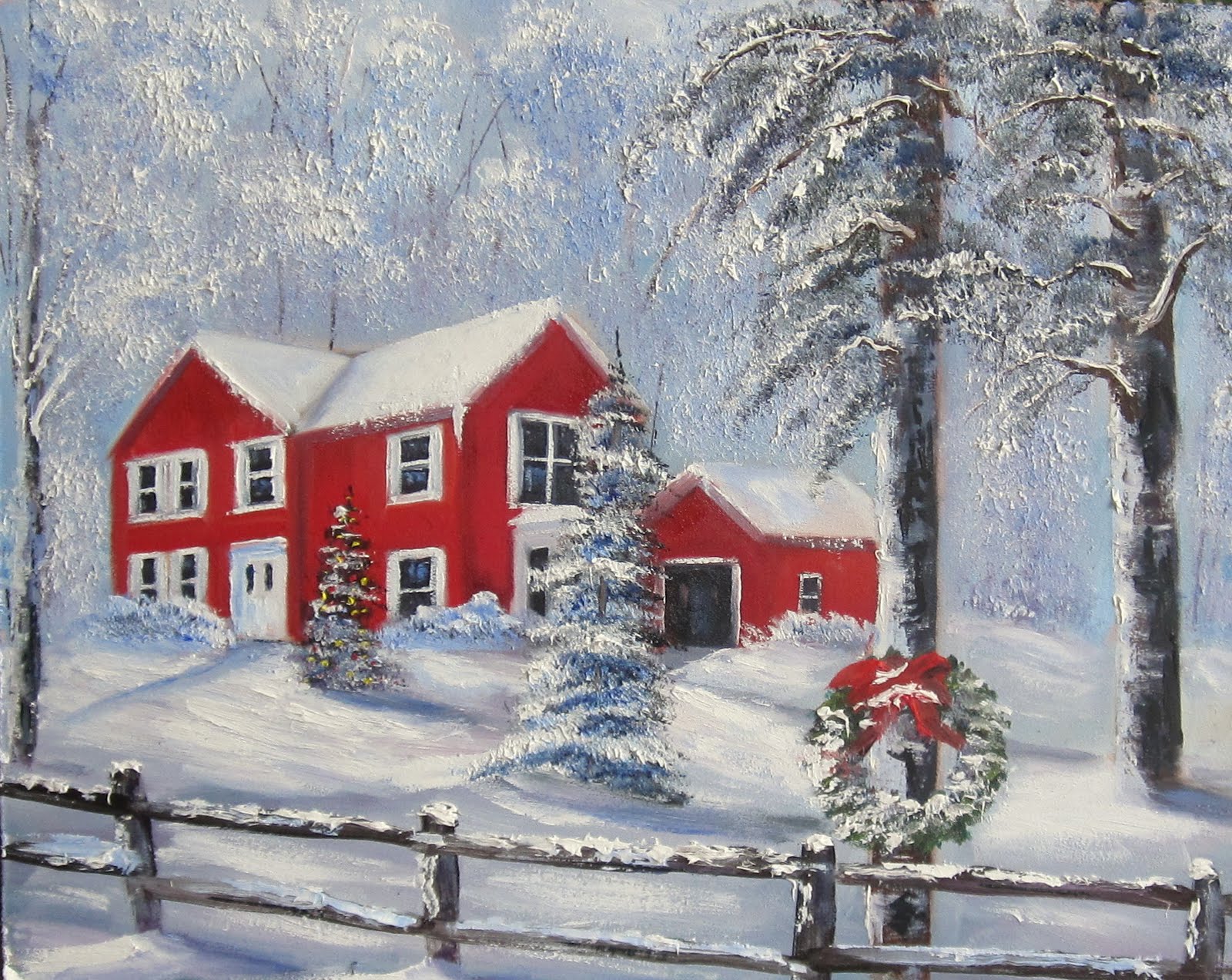 Laden Sie das Winter, Schnee, Baum, Haus, Zaun, Malerei, Künstlerisch-Bild kostenlos auf Ihren PC-Desktop herunter