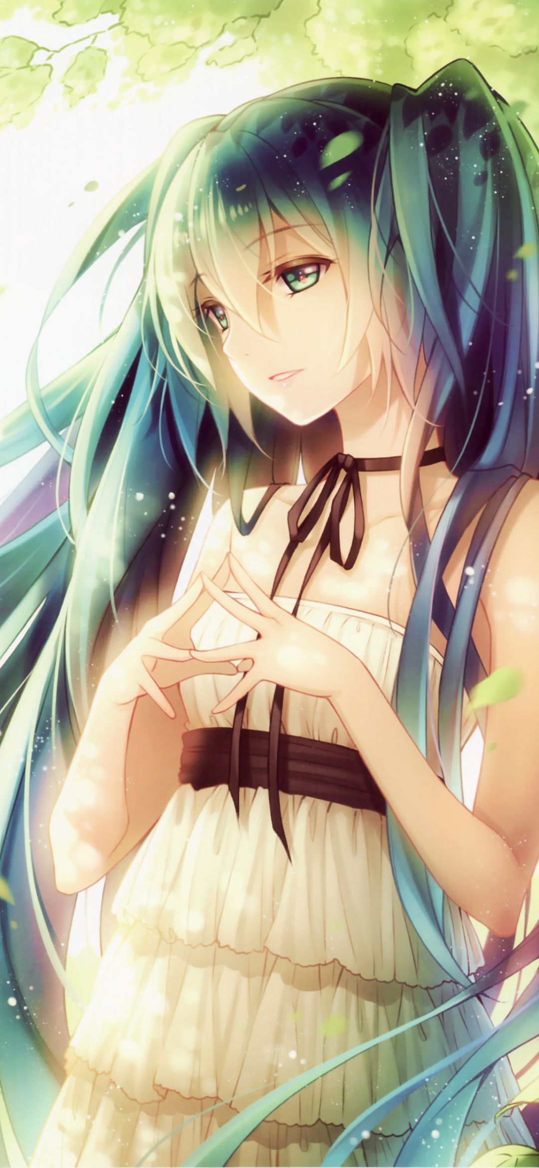 Download mobile wallpaper Anime, Bird, Vocaloid, Green Eyes, Blue Hair, Hatsune Miku, Long Hair, White Dress for free.