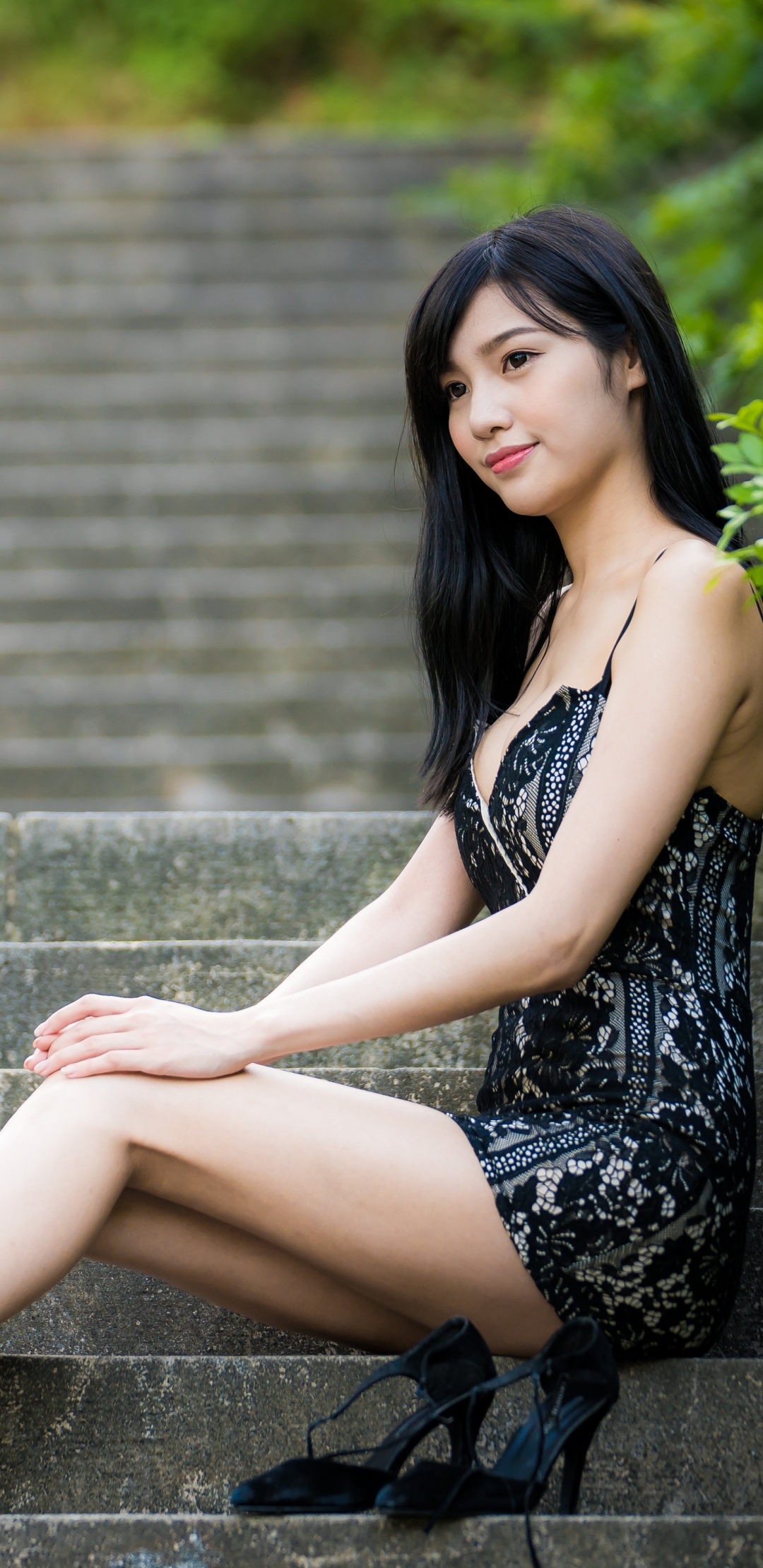 Download mobile wallpaper Dress, Model, Women, Asian, Black Hair, Long Hair, Depth Of Field for free.