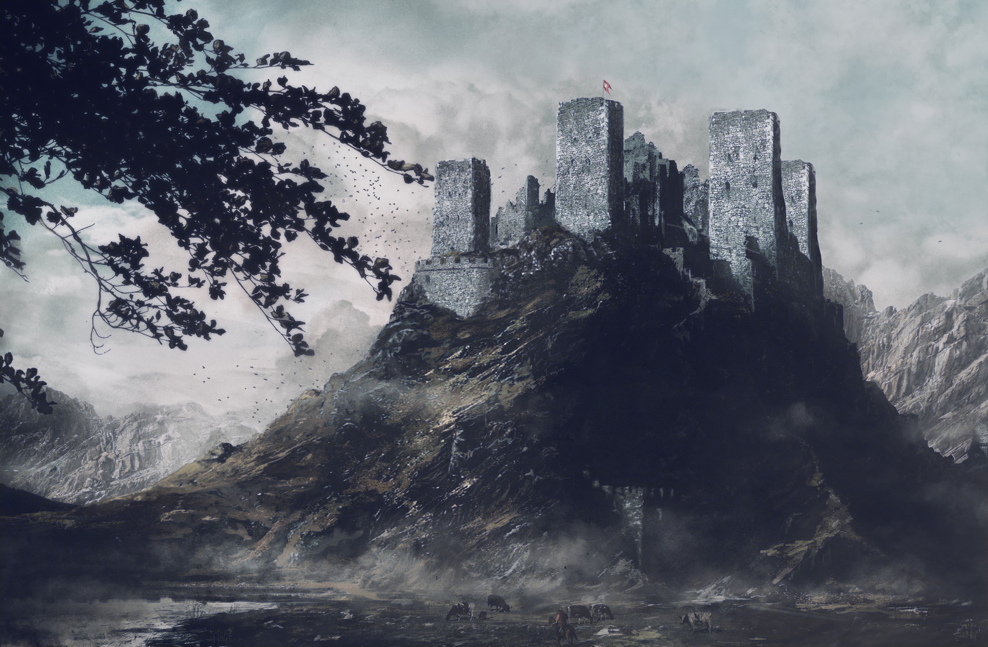 Download mobile wallpaper Fantasy, Castles, Mountain, Fog, Ruin, Cow, Castle for free.