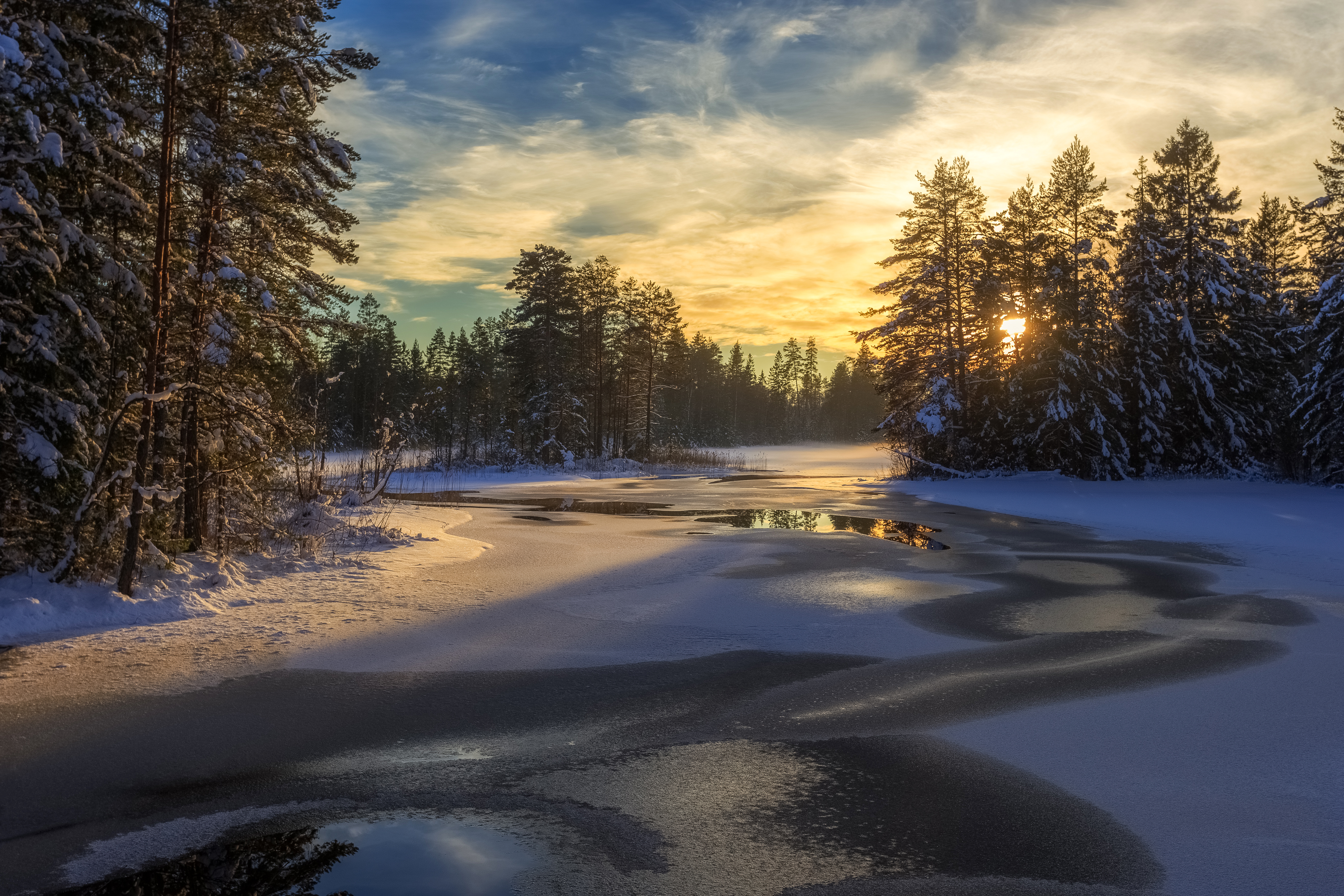 Free download wallpaper Winter, Sunset, Snow, Tree, Earth, River on your PC desktop