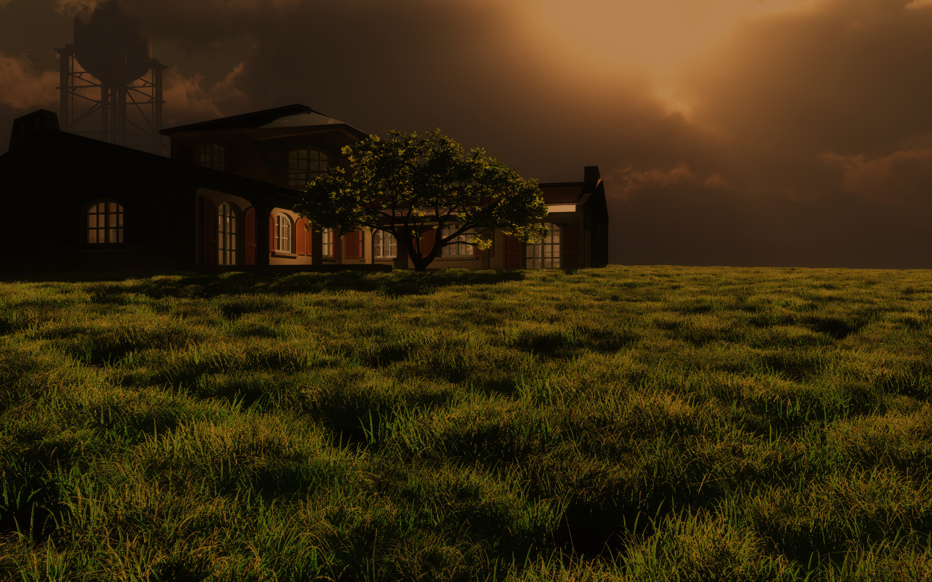 Free download wallpaper Grass, Dark, Tree, House, Artistic on your PC desktop