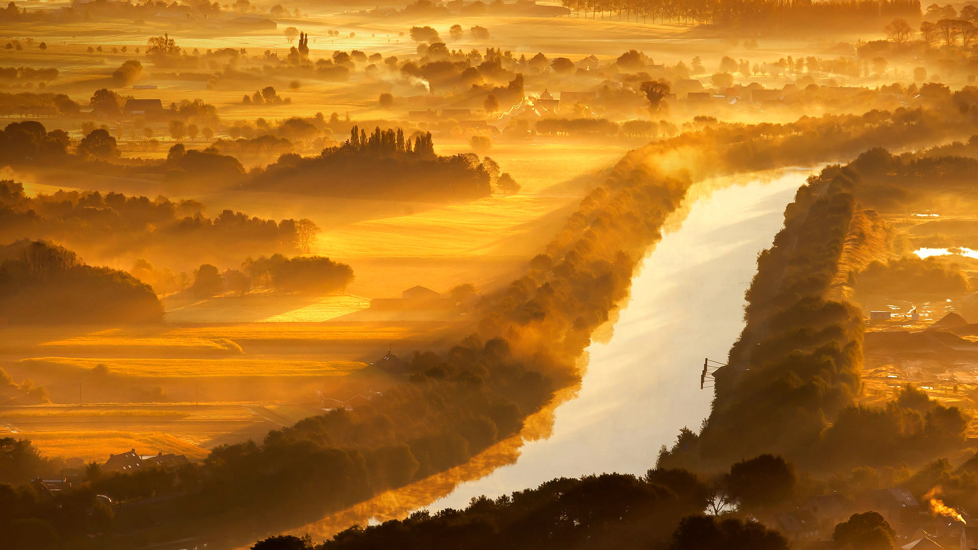 Download mobile wallpaper Landscape, Sunset, Fog, Earth, River, Sunny, Scenic for free.