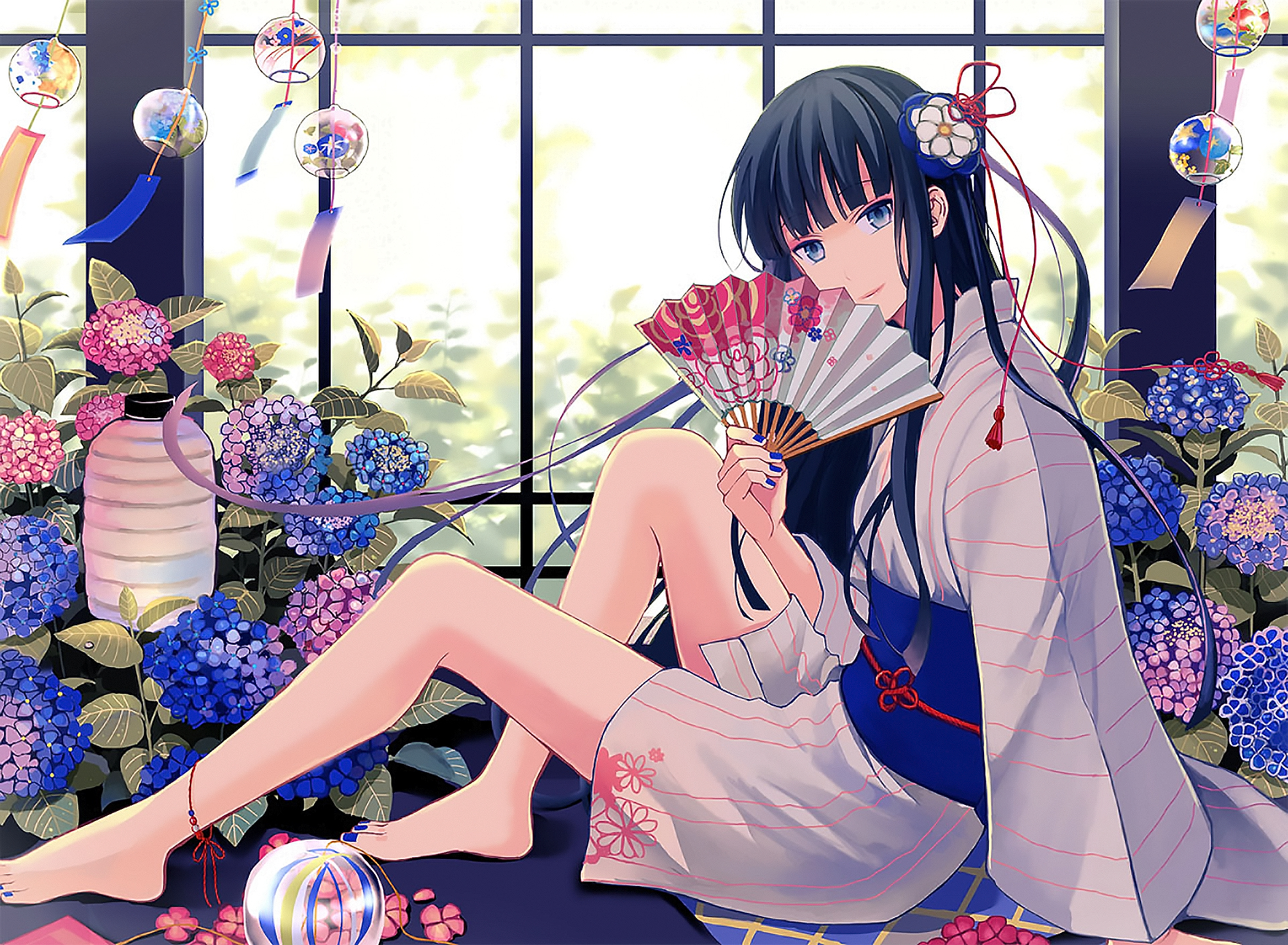 Download mobile wallpaper Anime, Flower, Lantern, Ribbon, Blue Eyes, Original, Long Hair, Yukata for free.
