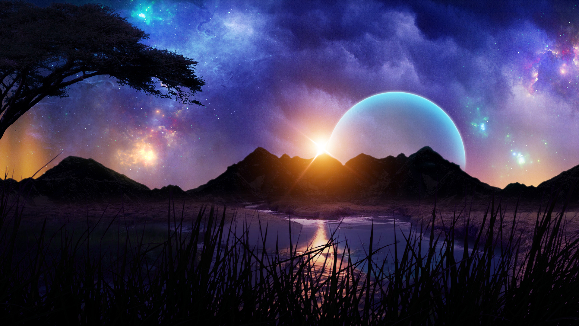 Laden Sie das See, Gebirge, Science Fiction, Himmel, Sonnenuntergang, Planetenaufgang-Bild kostenlos auf Ihren PC-Desktop herunter