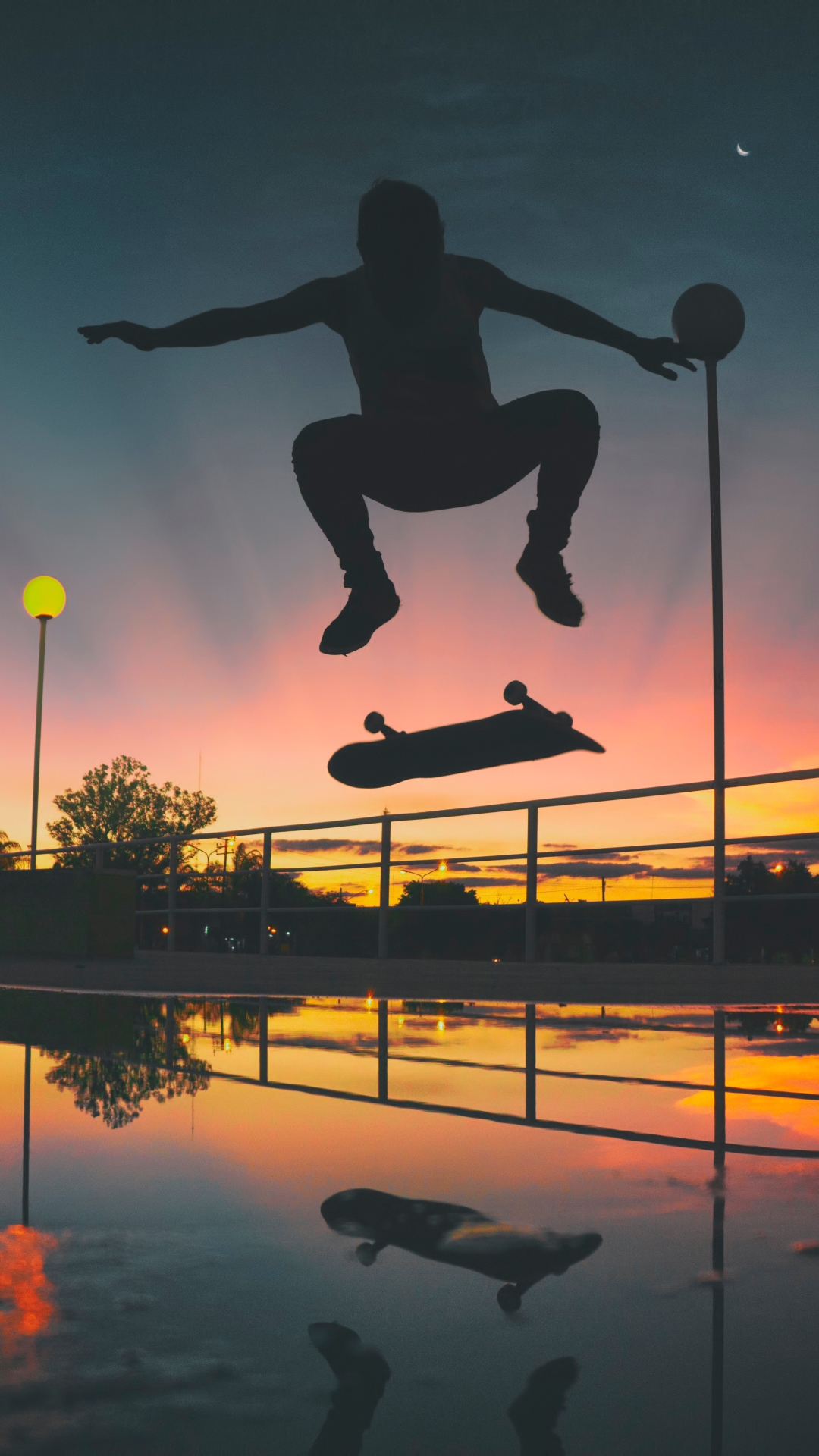 sports, skateboarding, skateboard, sunset, night phone wallpaper