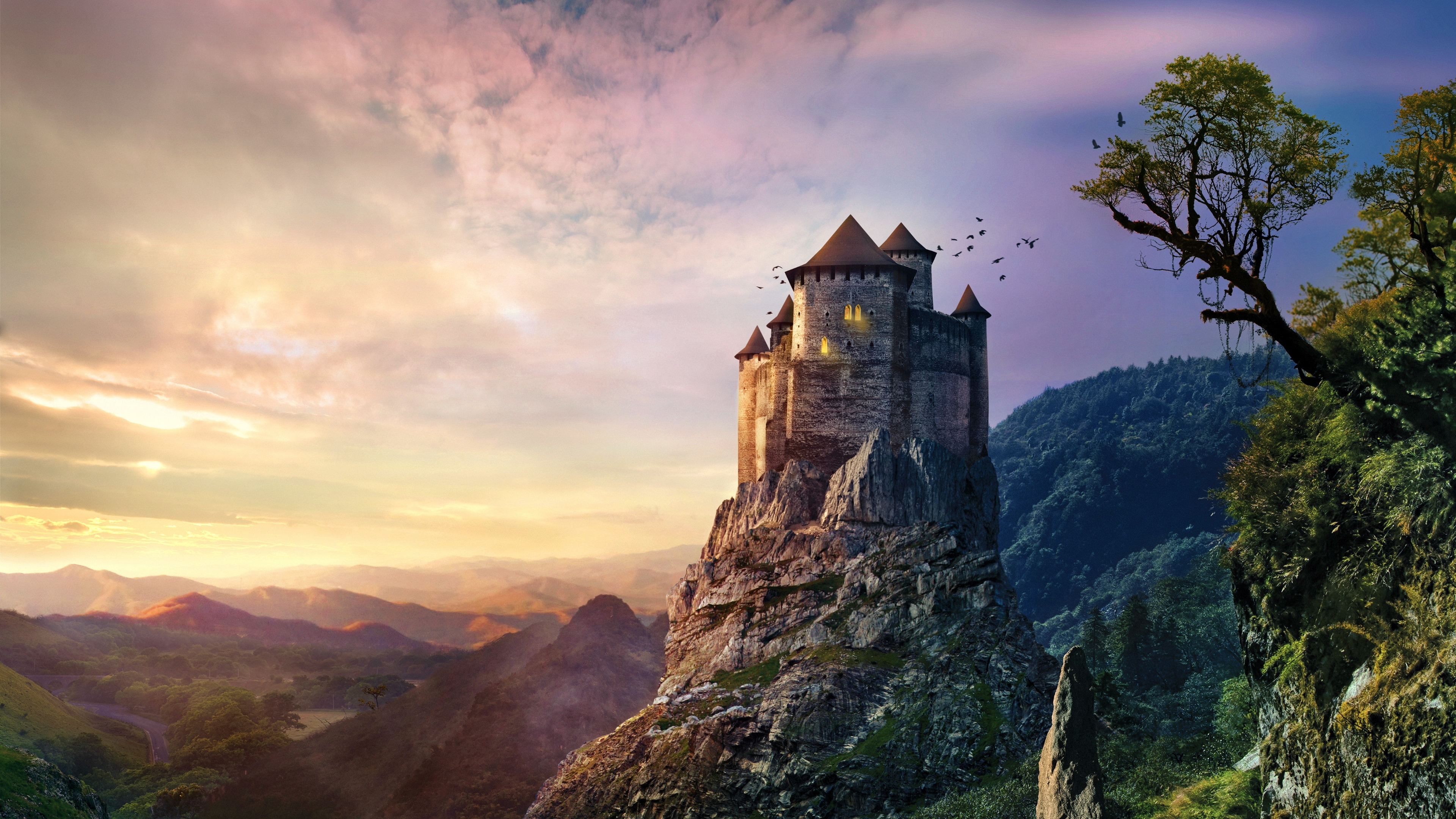 Free download wallpaper Landscape, Fantasy, Sunset, Castles, Mountain, Castle on your PC desktop
