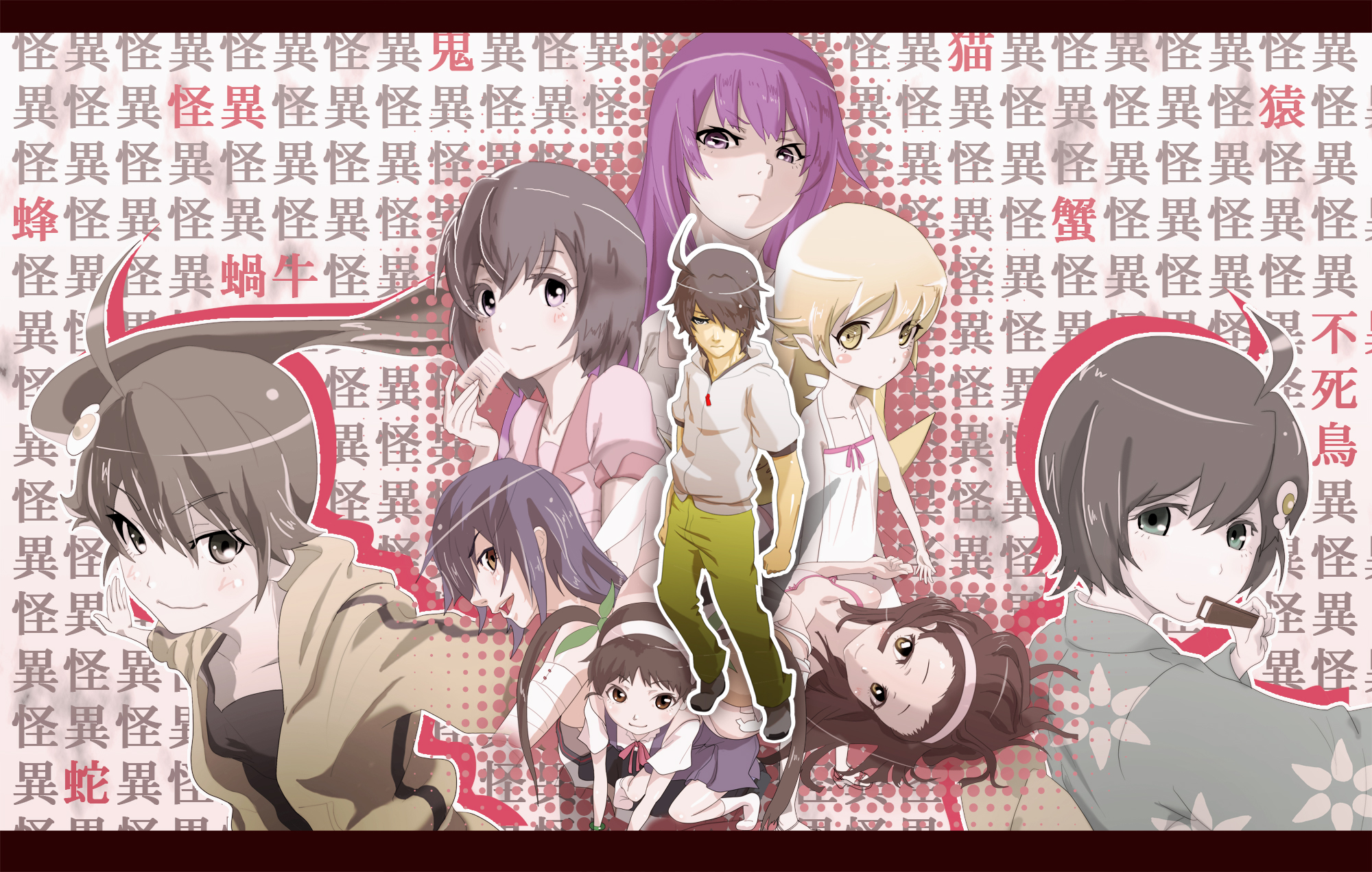 Download mobile wallpaper Anime, Monogatari (Series), Hitagi Senjōgahara, Nadeko Sengoku, Mayoi Hachikuji, Shinobu Oshino, Suruga Kanbaru, Tsubasa Hanekawa, Koyomi Araragi, Karen Araragi, Tsukihi Araragi for free.