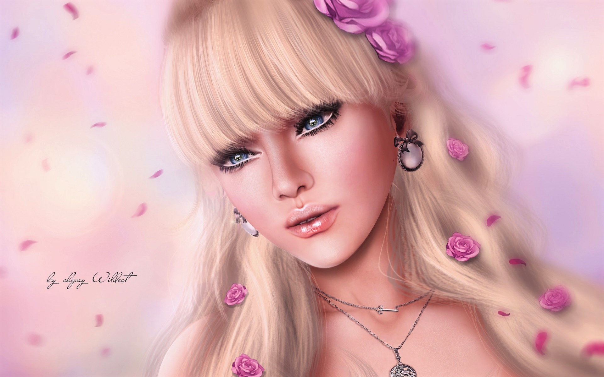 Download mobile wallpaper Flower, Rose, Artistic, Blonde, Face, Women, Blue Eyes for free.