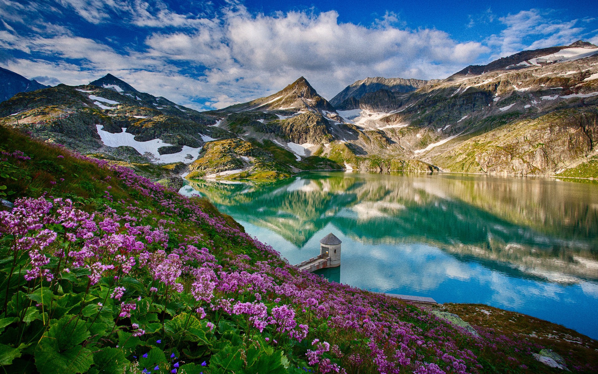 Download mobile wallpaper Landscape, Nature, Water, Mountain, Lake, Flower, Vegetation, Earth, Cloud, Scenery for free.