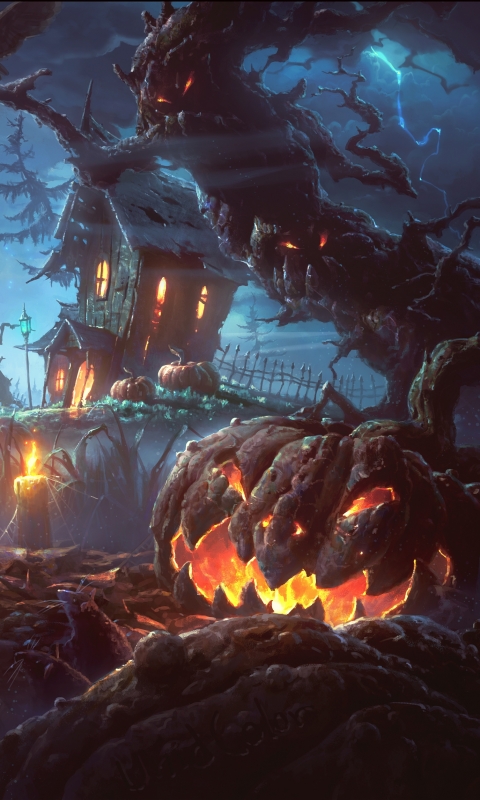 Download mobile wallpaper Halloween, Night, Holiday, Village, Scary, Jack O' Lantern for free.