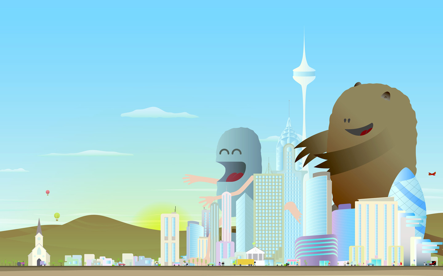 Free download wallpaper Funny, City, Monster, Humor on your PC desktop