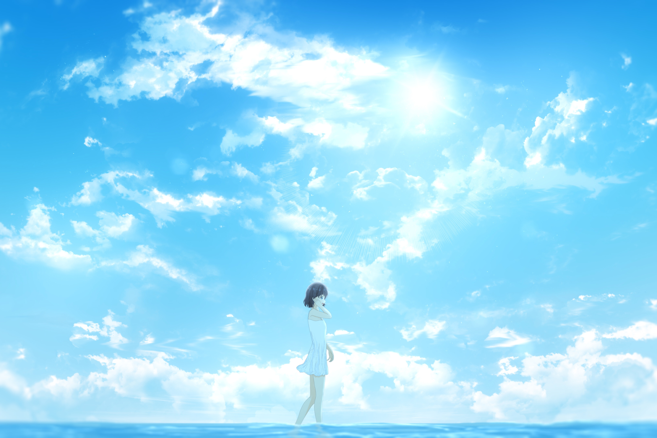 Download mobile wallpaper Anime, Sky, Summer, Cloud, Original, Short Hair for free.