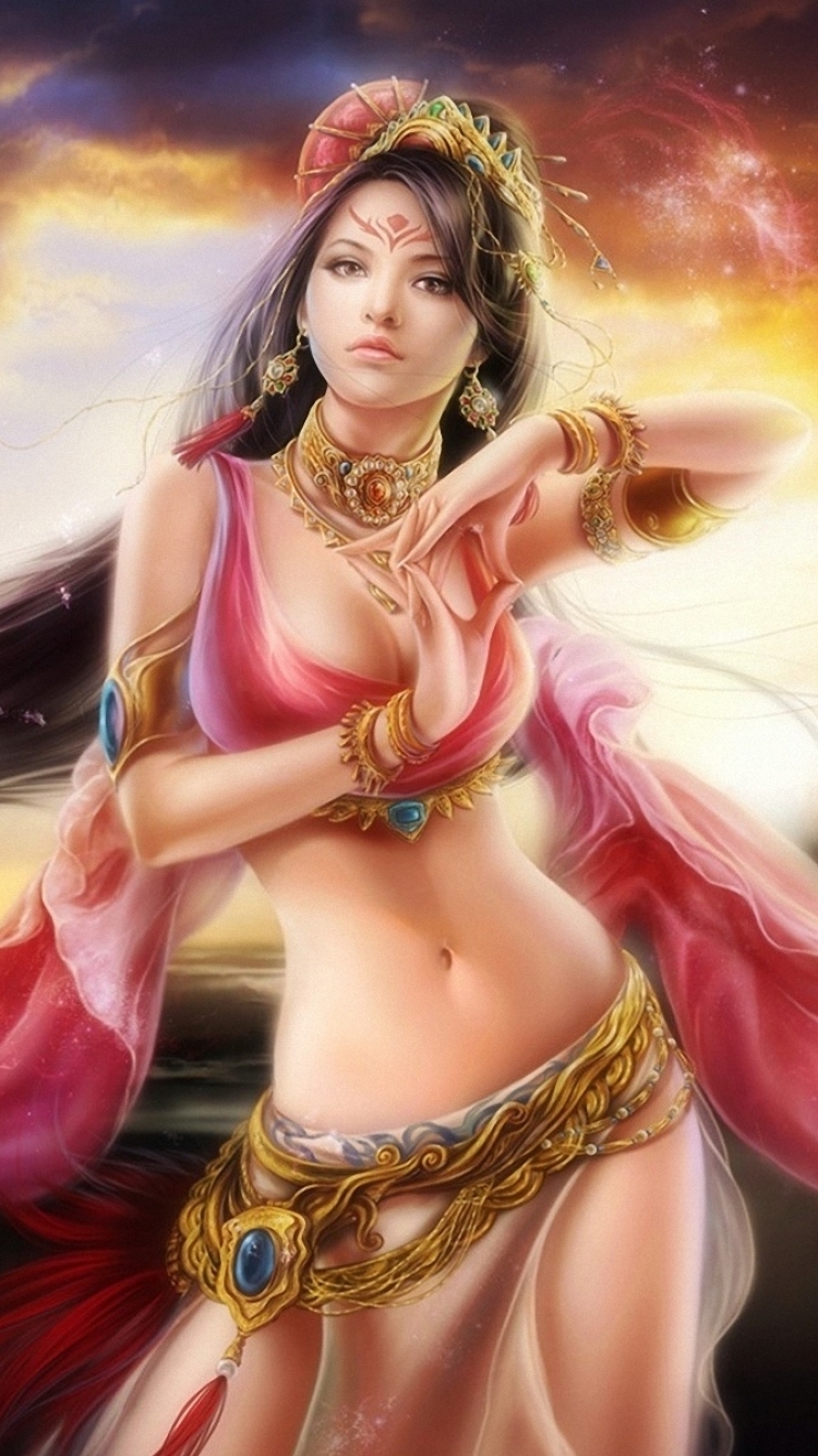 Download mobile wallpaper Fantasy, Pink, Jewelry, Brunette, Women, Scarf for free.