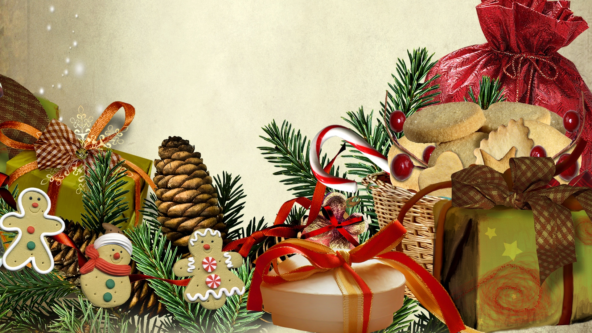 Handy-Wallpaper Feiertage, Weihnachten, Geschenk, Lebkuchen, Tannenzapfen, Plätzchen kostenlos herunterladen.