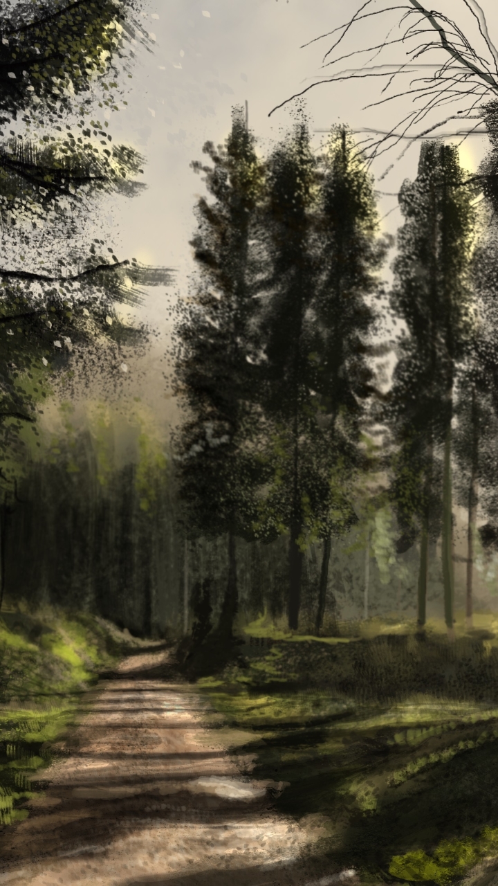 Download mobile wallpaper Forest, Tree, Drawing, Path, Evening, Artistic, Sunbeam, Sunbean for free.