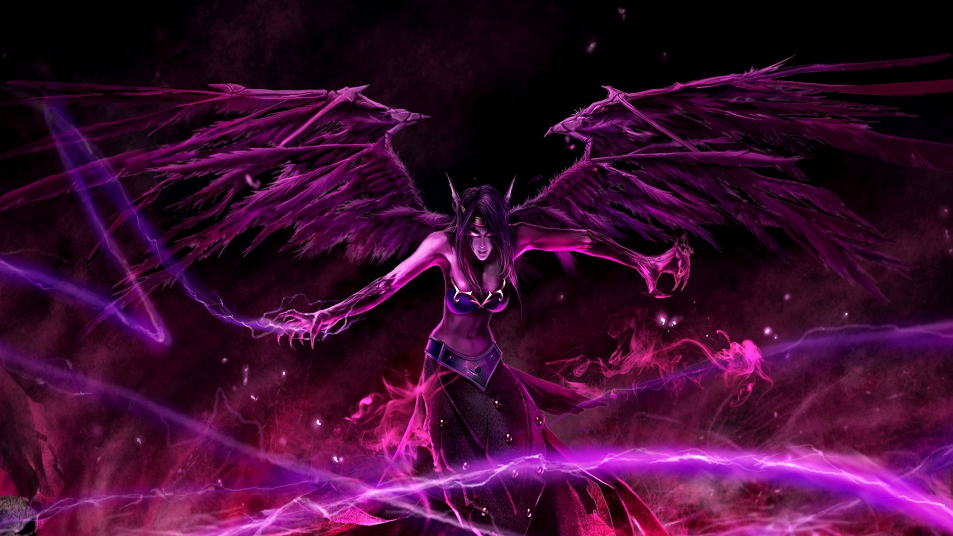 video game, league of legends, angel, dark angel, fantasy, morgana (league of legends), purple