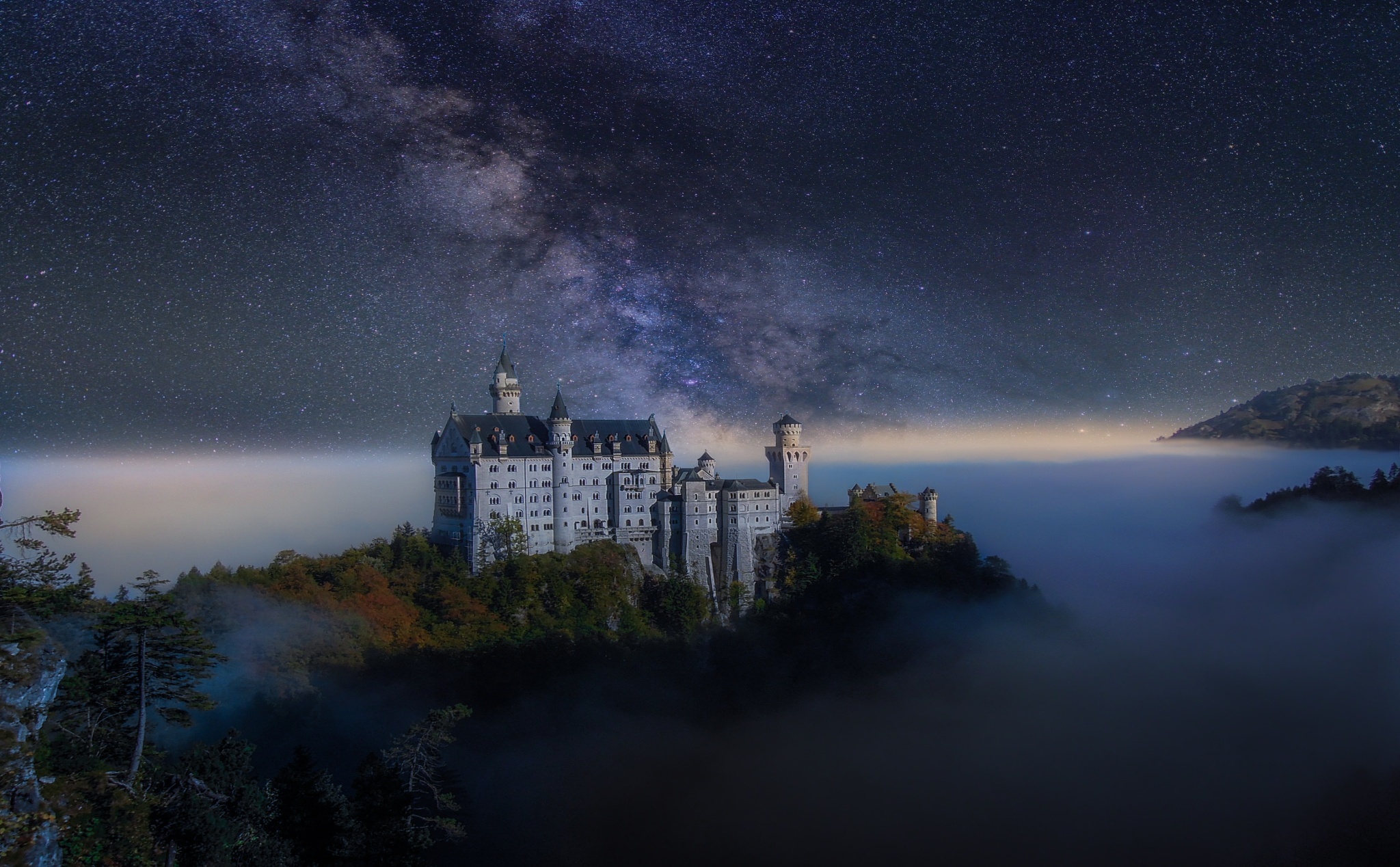 Free download wallpaper Stars, Night, Castles, Fog, Starry Sky, Milky Way, Germany, Neuschwanstein Castle, Man Made, Castle on your PC desktop