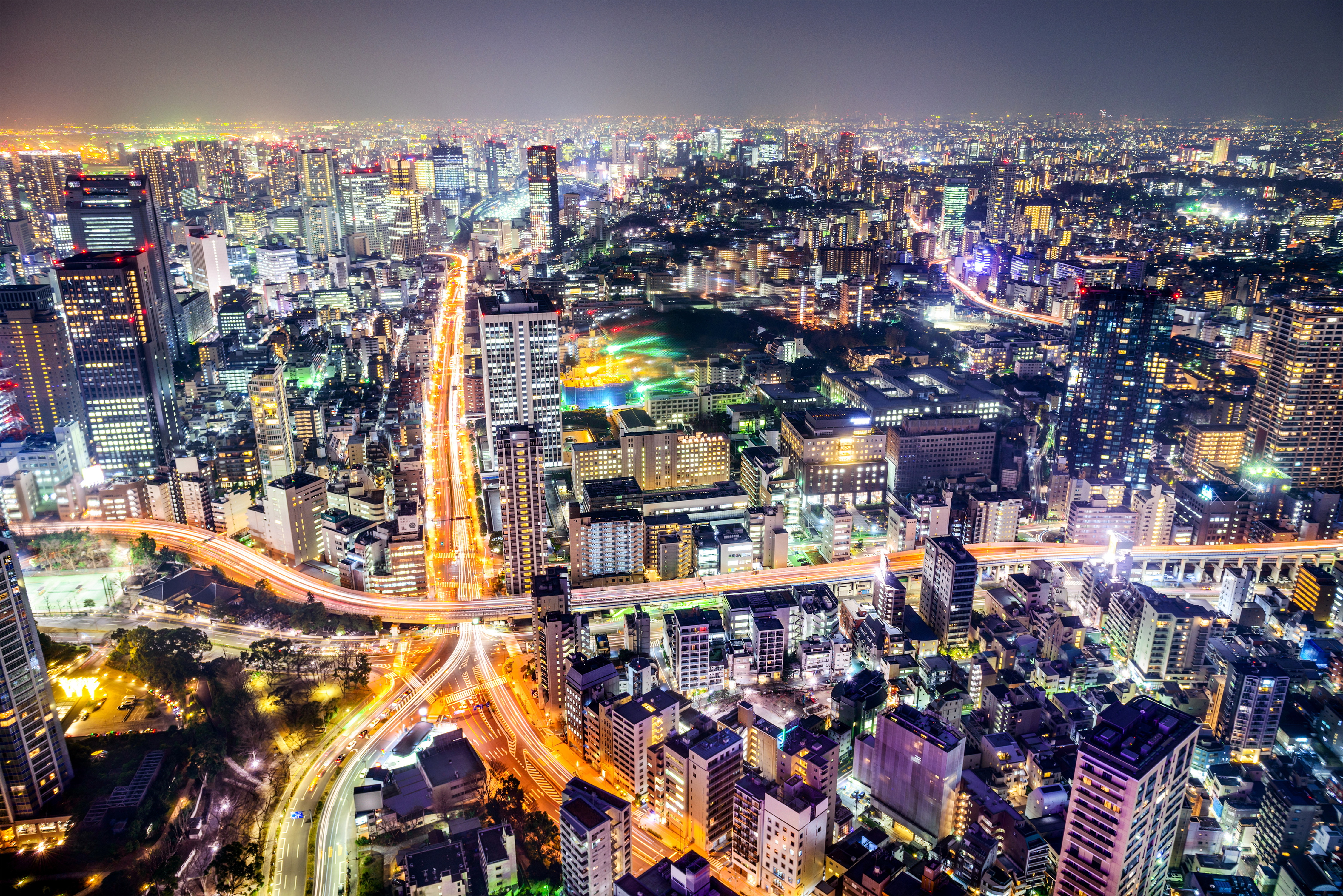 Download mobile wallpaper Cities, Night, City, Building, Horizon, Light, Road, Japan, Cityscape, Tokyo, Aerial, Man Made, Time Lapse for free.