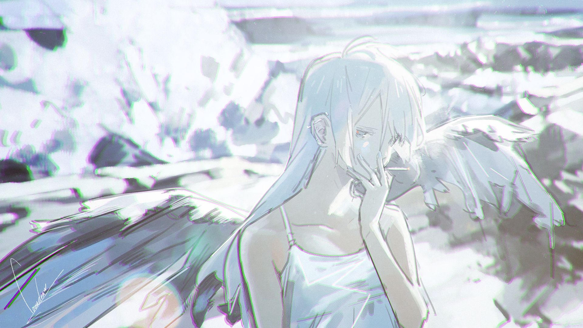 Download mobile wallpaper Anime, Wings, Angel, Original, White Hair, Cigarette for free.