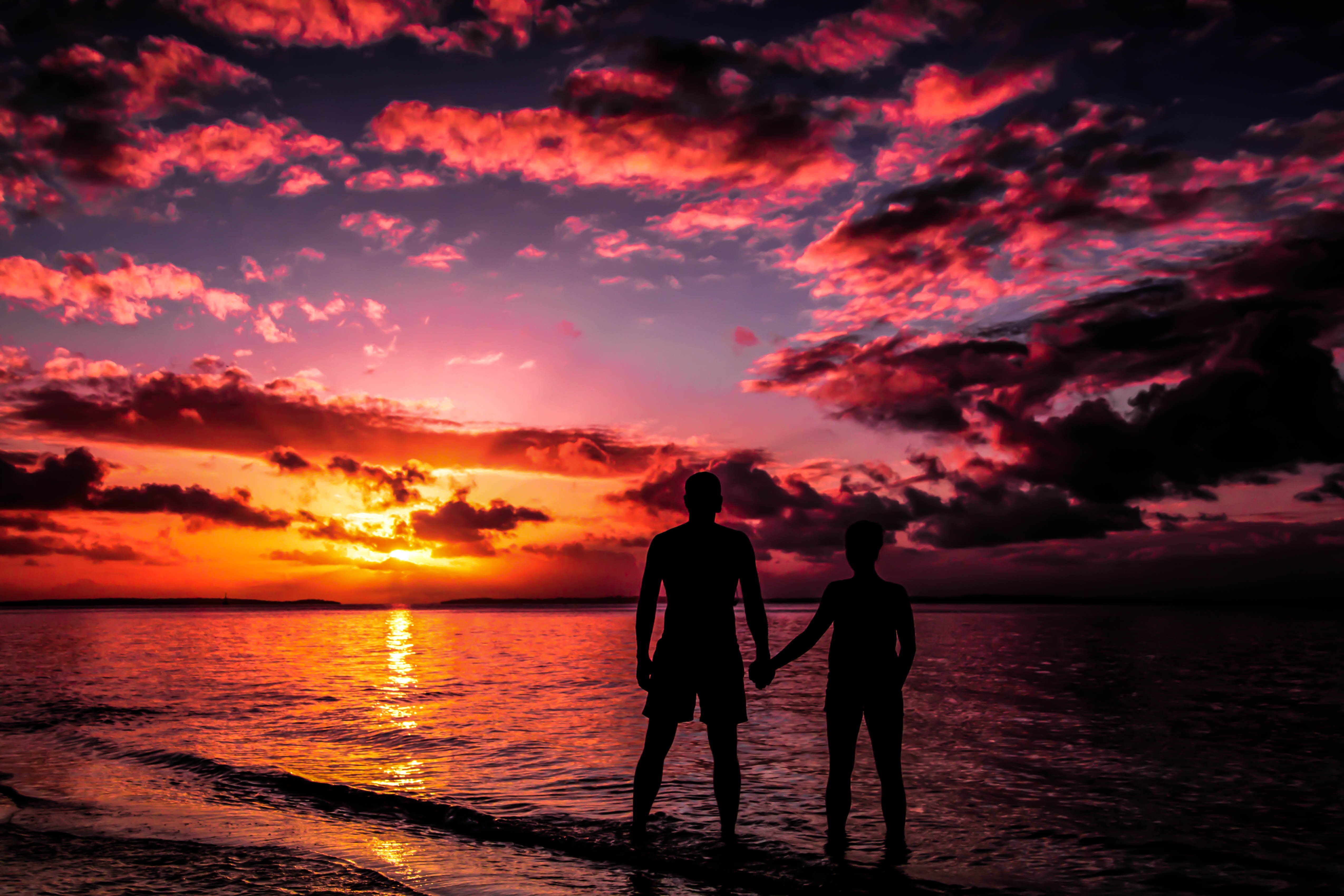 Download mobile wallpaper Sunset, Sky, Love, Horizon, Silhouette, Couple, Ocean, Cloud, Photography, Australia for free.