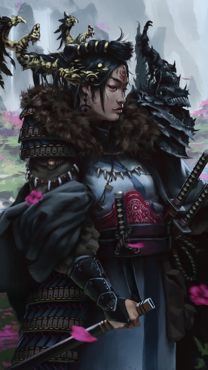 Download mobile wallpaper Fantasy, Samurai, Black Hair, Woman Warrior, Pink Eyes for free.