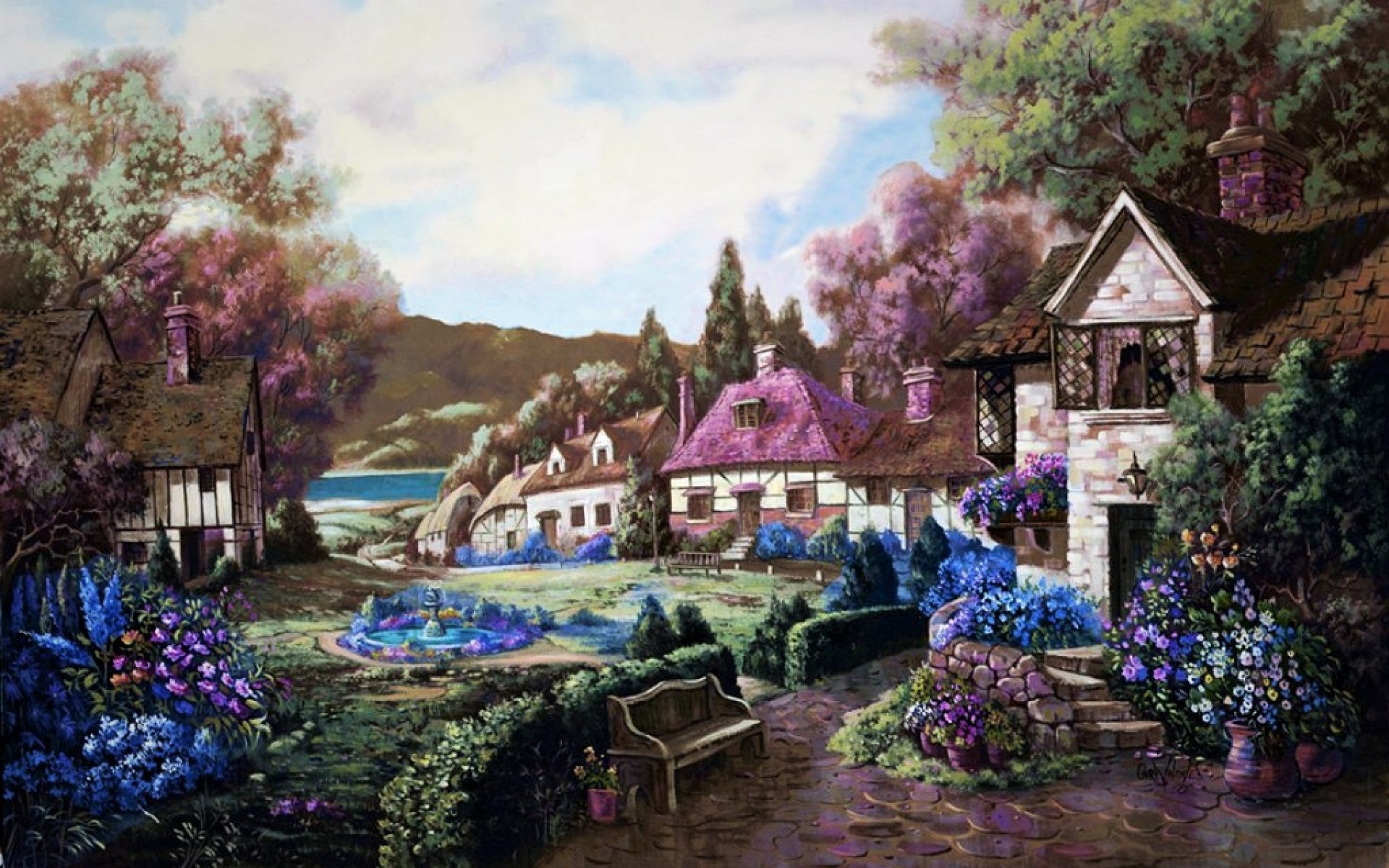 Download mobile wallpaper Flower, House, Village, Colorful, Painting, Spring, Artistic for free.